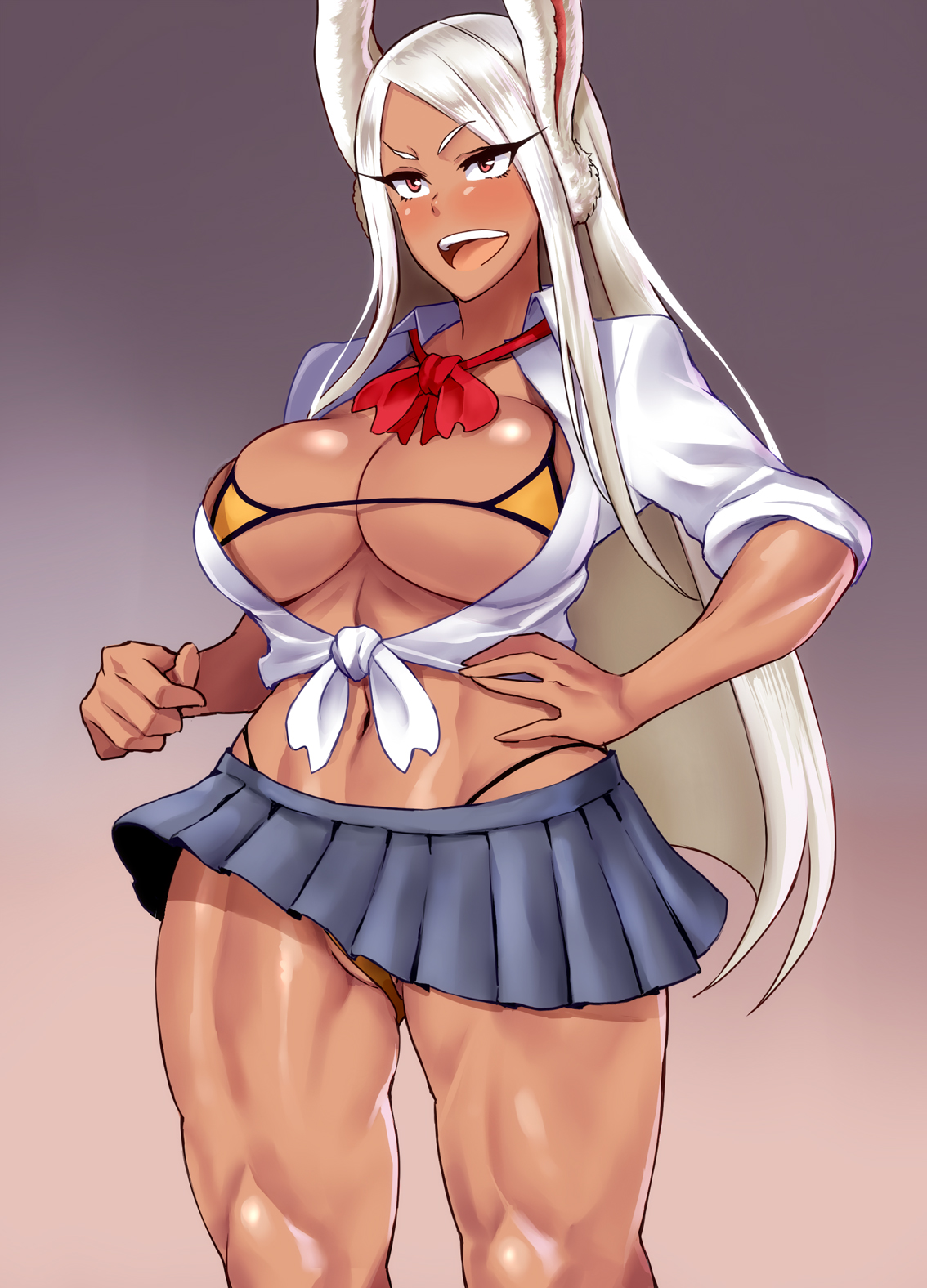 1girls, animal ears, before sex, bikini, breasts, cameltoe, cleavage, dark skin, dark-skinned female, female, female only, gradient, gradient background, haikawa hemlen, highres, large breasts, long hair, miniskirt, miruko, my hero academia, open mouth, pussy, rabbit ears, red eyes, revealing clothes, rumi usagiyama, school uniform, schoolgirl, shirt, skirt, solo, solo focus, swimsuit, thick thighs, thighs, tied shirt, voluptuous