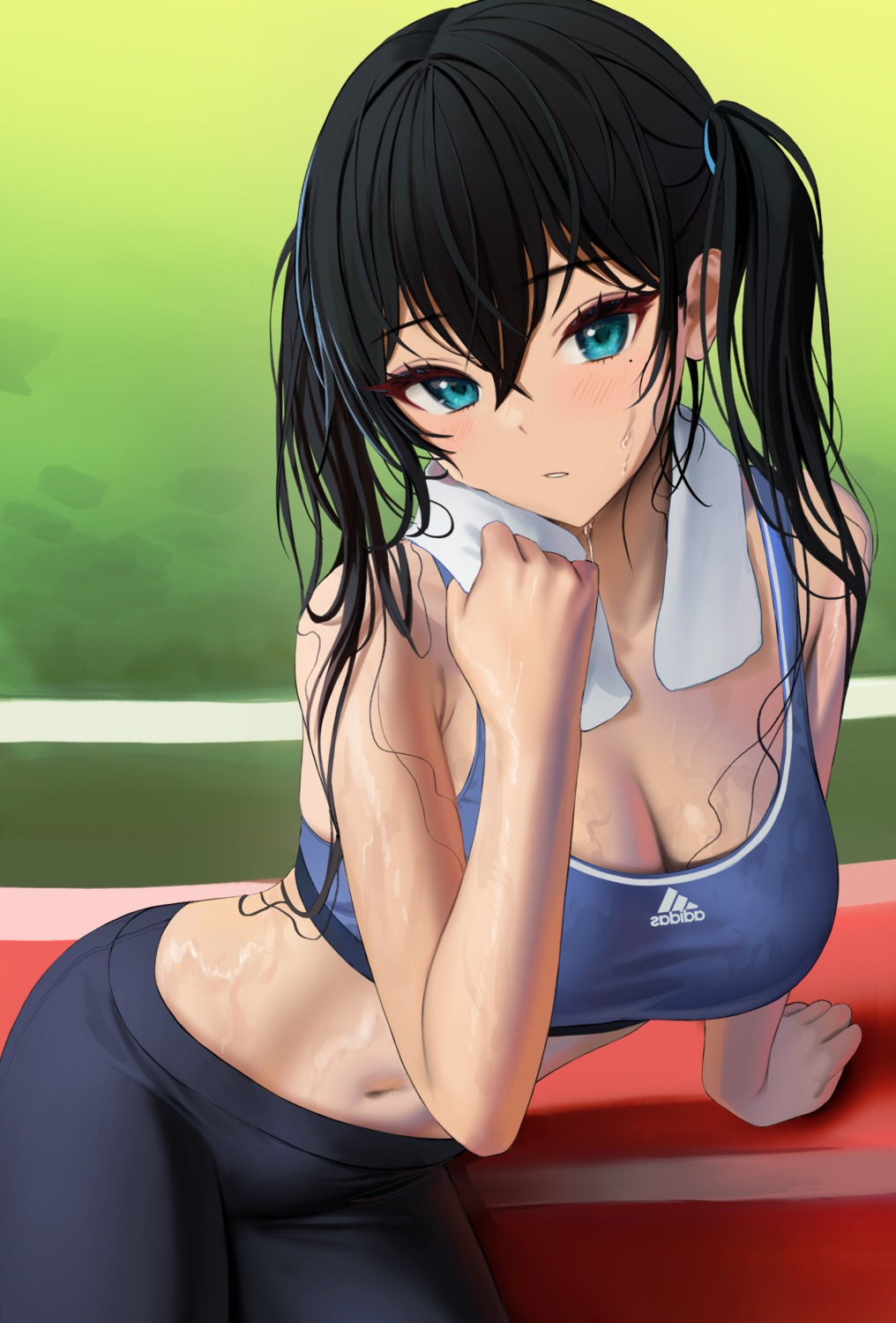 1girls adidas arm_up blush bra female female_only gym_clothes leaning_to_the_side long_hair looking_at_viewer open_mouth sitting solo sports_bra sportswear sweat tagme tokkihouse towel twintails wet