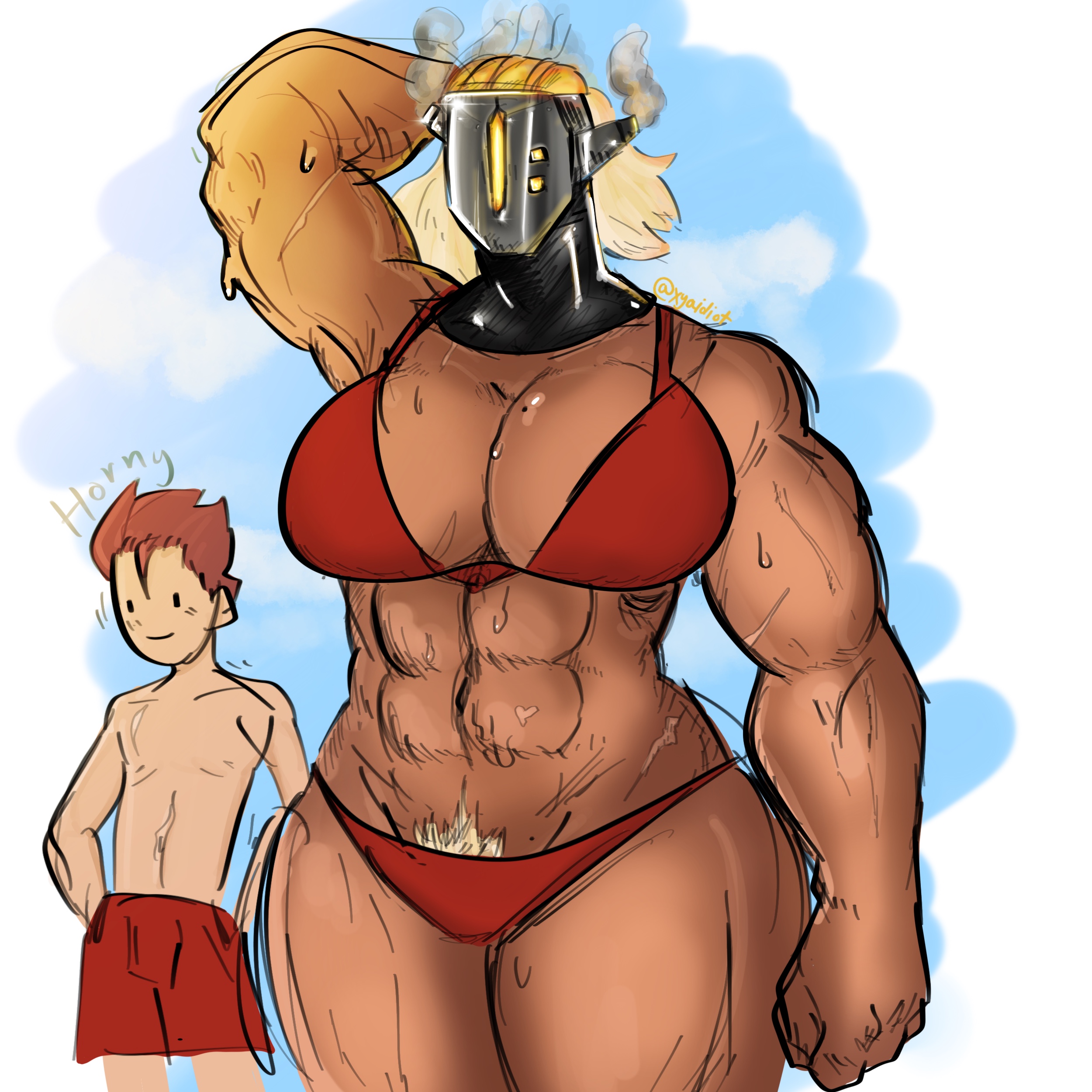 abs, armor, big breasts, bikini, bikini top, blonde hair, blonde pubic hair, blue background, breasts, clothed, clothing, dark skin, dark-skinned female, faceless, faceless female, female, female focus, helmet, hidden face, huge breasts, large breasts, mask, masked, muscles, muscular, muscular arms, muscular female, pubic hair, scars, simple background, skinny, sweat, swimsuit, thick, thick thighs, warrior, white background, wide hips, xyakiwi