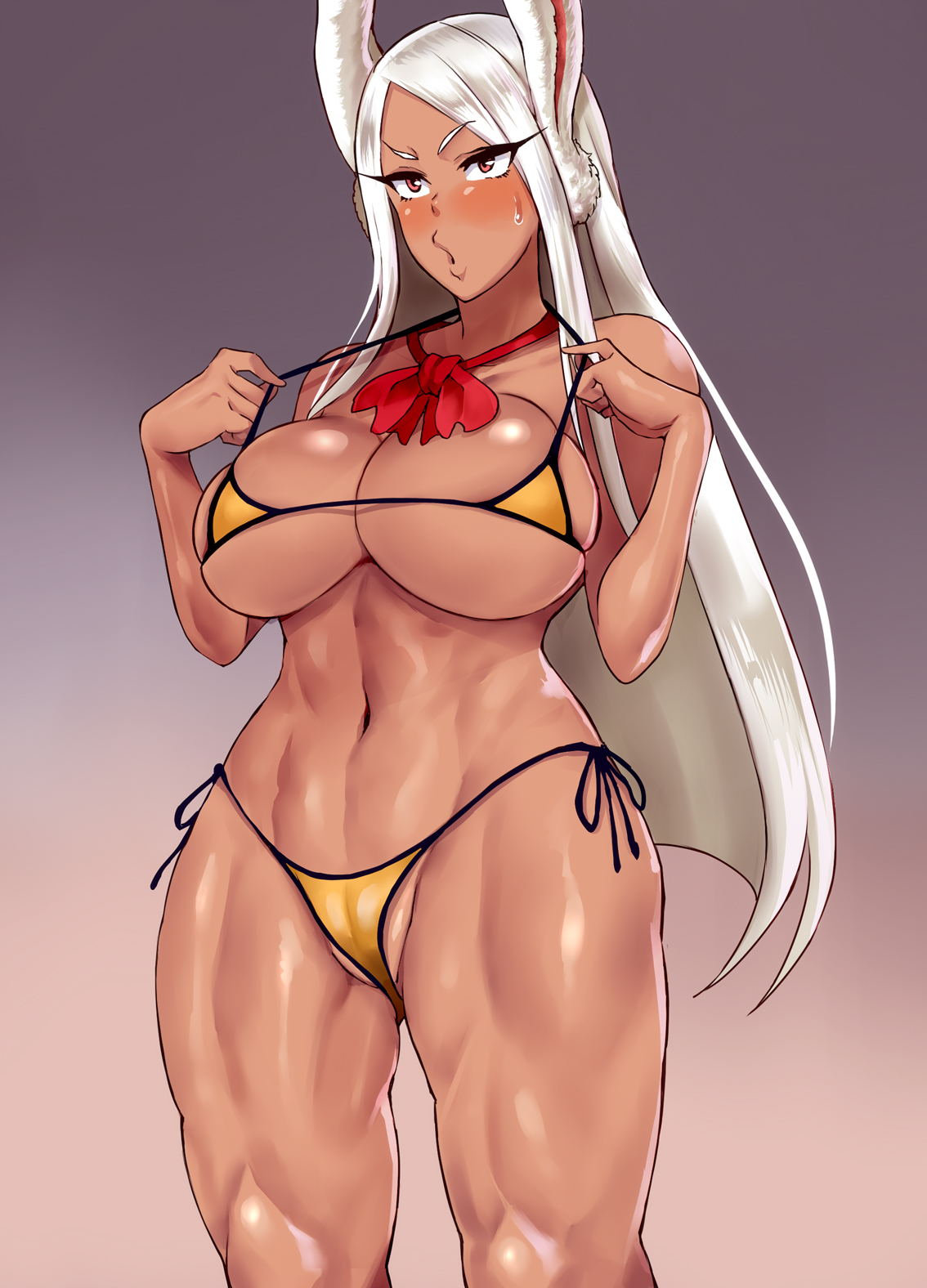 1girls, animal ears, before sex, bikini, breasts, cameltoe, cleavage, dark skin, dark-skinned female, female, gradient, gradient background, haikawa hemlen, highres, large breasts, long hair, miruko, my hero academia, open mouth, pussy, rabbit ears, red eyes, rumi usagiyama, solo, swimsuit, thick thighs, thighs, white hair
