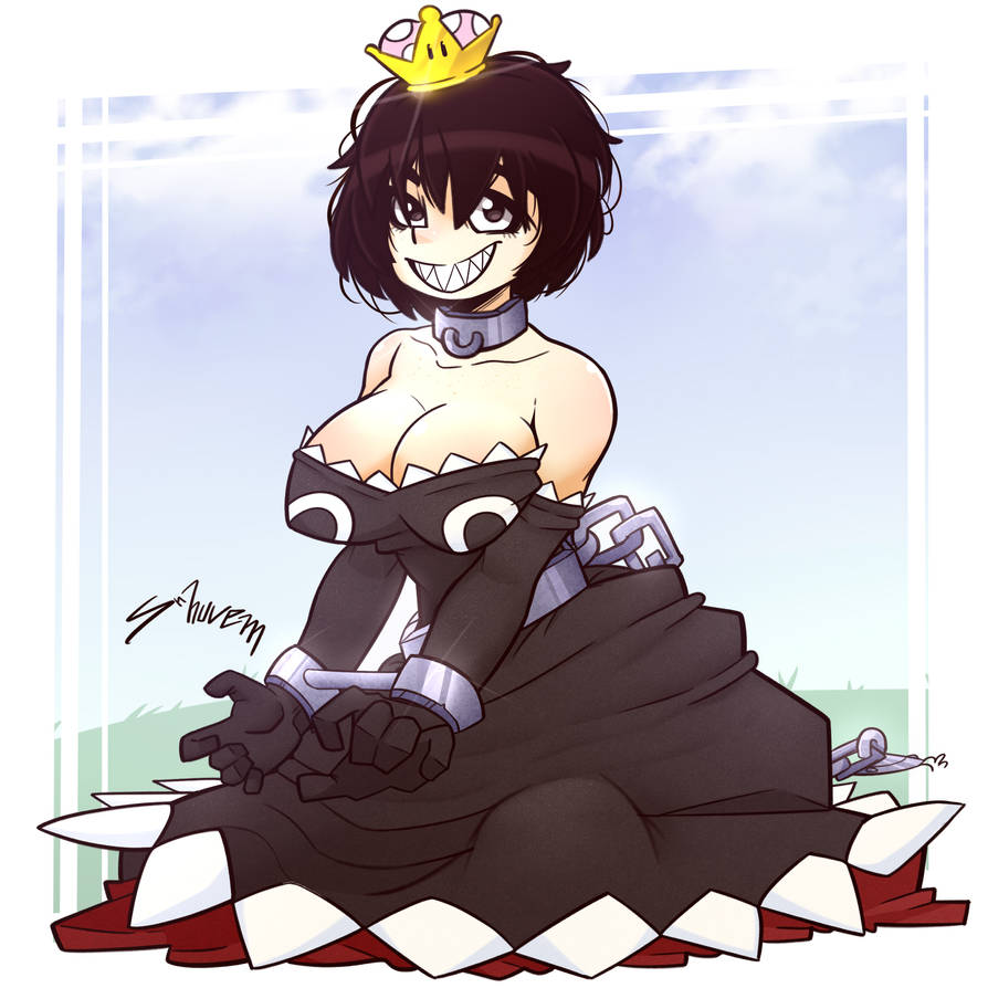 1girls breasts chain_chomp chompette crown female happy kneeling mario_(series) new_super_mario_bros._u_deluxe sharp_teeth solo srnuv3m