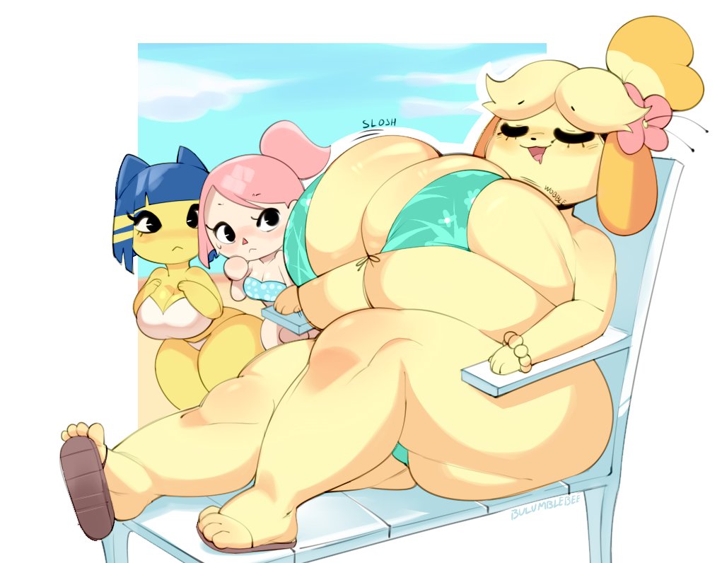 3girls, animal crossing, animal crossing girl, ankha, anthro, bikini, breast envy, breast size difference, breasts, bulumble-bee, cleavage, closed eyes smile, female, female only, furry, huge breasts, isabelle (animal crossing), nintendo, pink hair, thick thighs, villager (animal crossing), wide hips