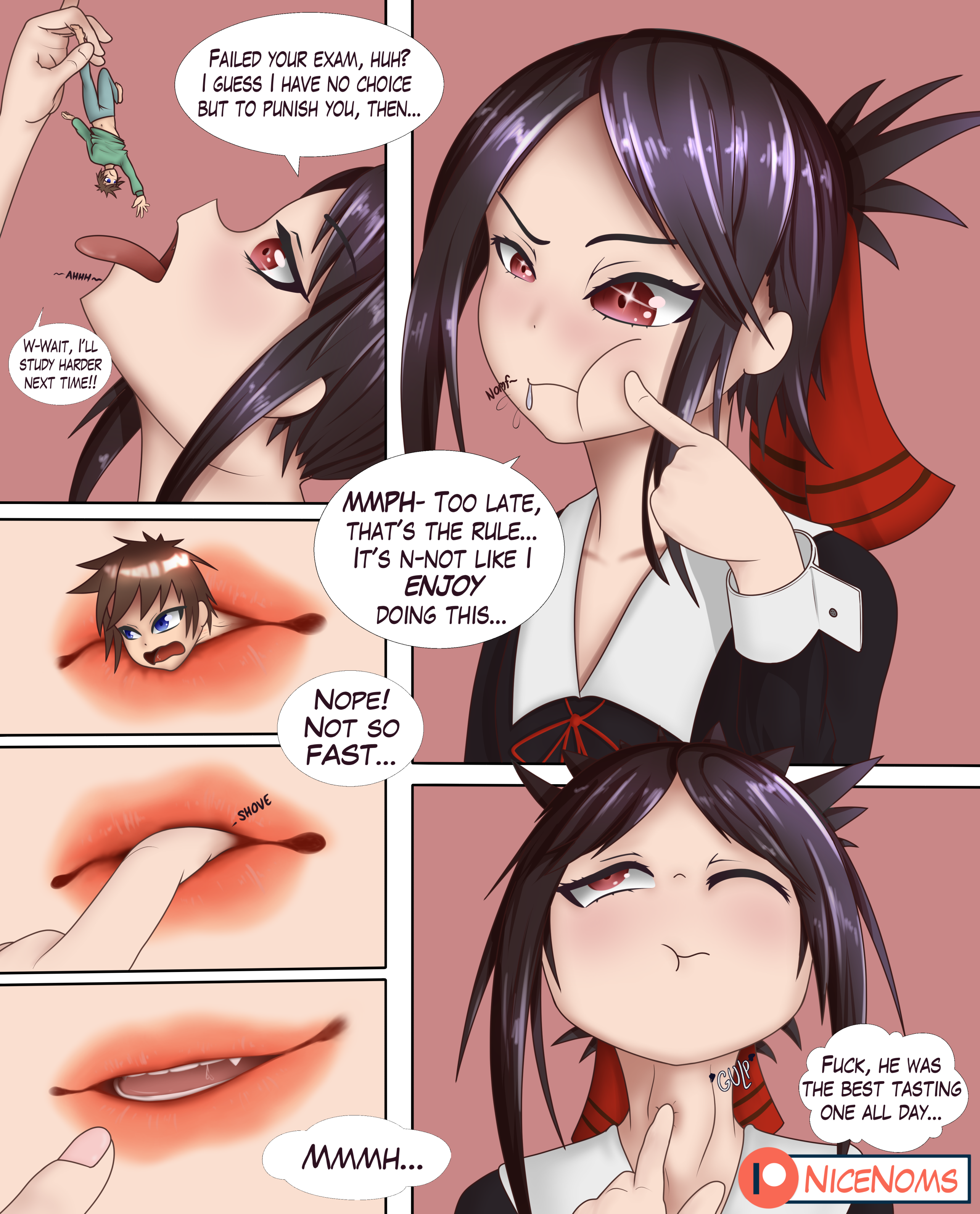black hair, bulge, clothing, comic, female, female/male, giantess, kaguya-sama wa kokurasetai ~tensai-tachi no renai zunousen~, lips, mouth full, punishment, shinomiya kaguya, teasing, text, vore