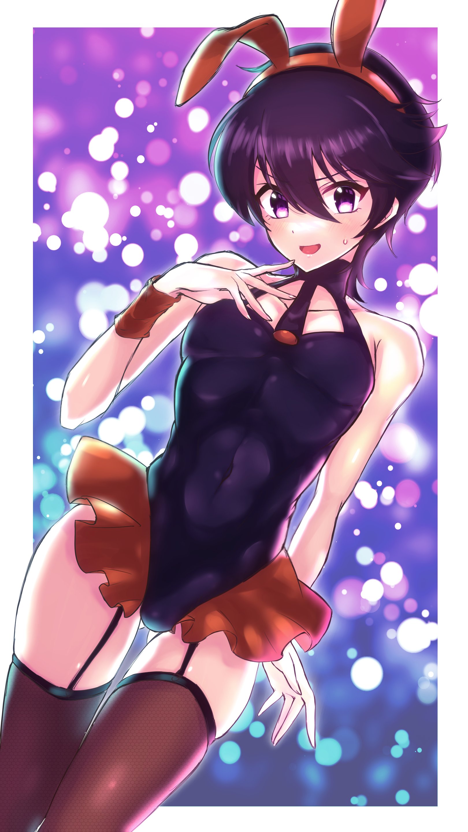 1boy, black hair, blush, bulge, bulge through clothing, bunny ears, bunnysuit, crossdressing, femboy, jojo's bizarre adventure, male, narancia ghirga, purple eyes, seta makoto, skin tight, skindentation, smile, solo, solo male, thighhighs, trap, vento aureo
