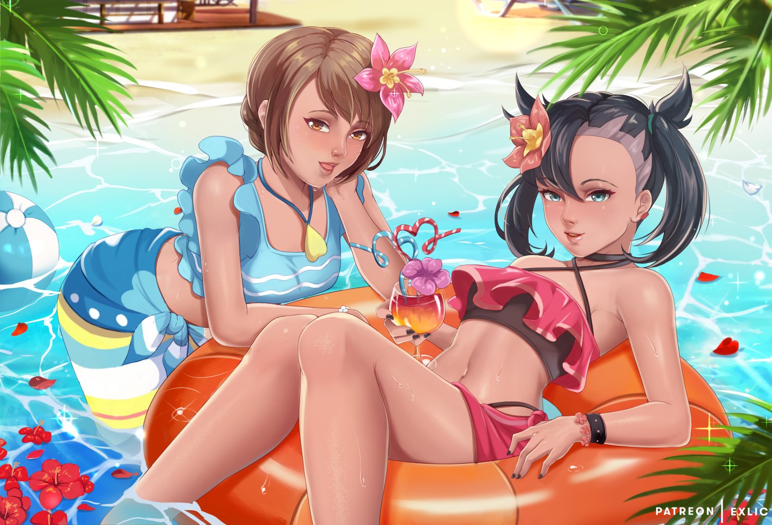 2girls, bikini, black hair, black nails, brown hair, drink, exlic, female, female only, gloria (pokemon), inflatable, marnie (pokemon), nail polish, pokemon, pokemon masters, pokemon ss, summer gloria (pokemon masters), summer marnie (pokemon masters), swimsuit, water