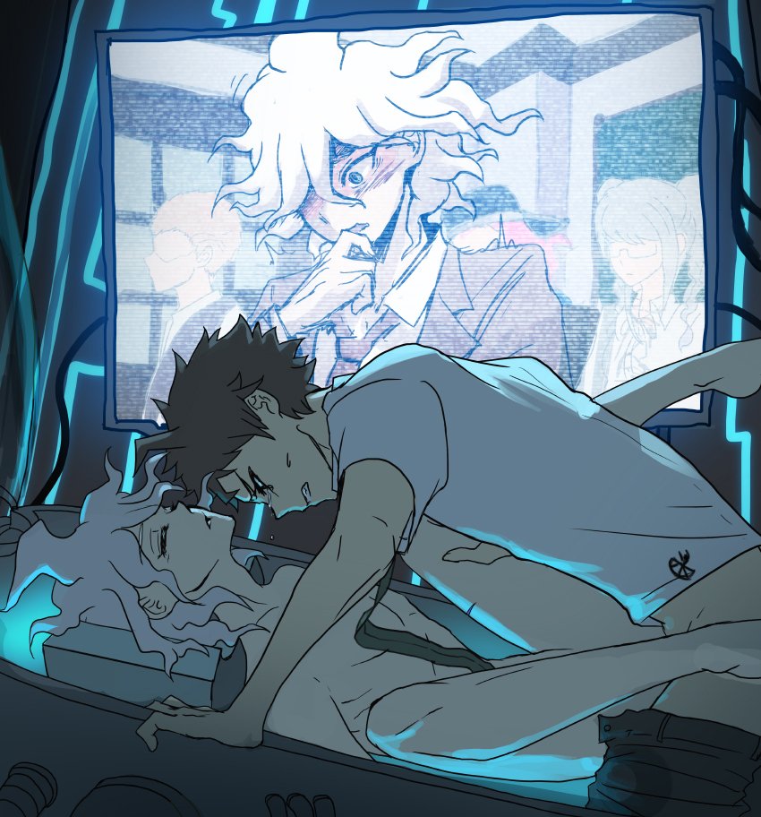 2boys blush classroom computer_screen crying danganronpa danganronpa_3 dubious_consent embarrassed gay hinata_hajime legs_held_open male male/male male_only male_penetrating missionary_position monitor nagito_komaeda pale_skin pants_down public questionable_consent sci-fi science_fiction sex shocked straight_hair tears unconscious yaoi yndr4hope