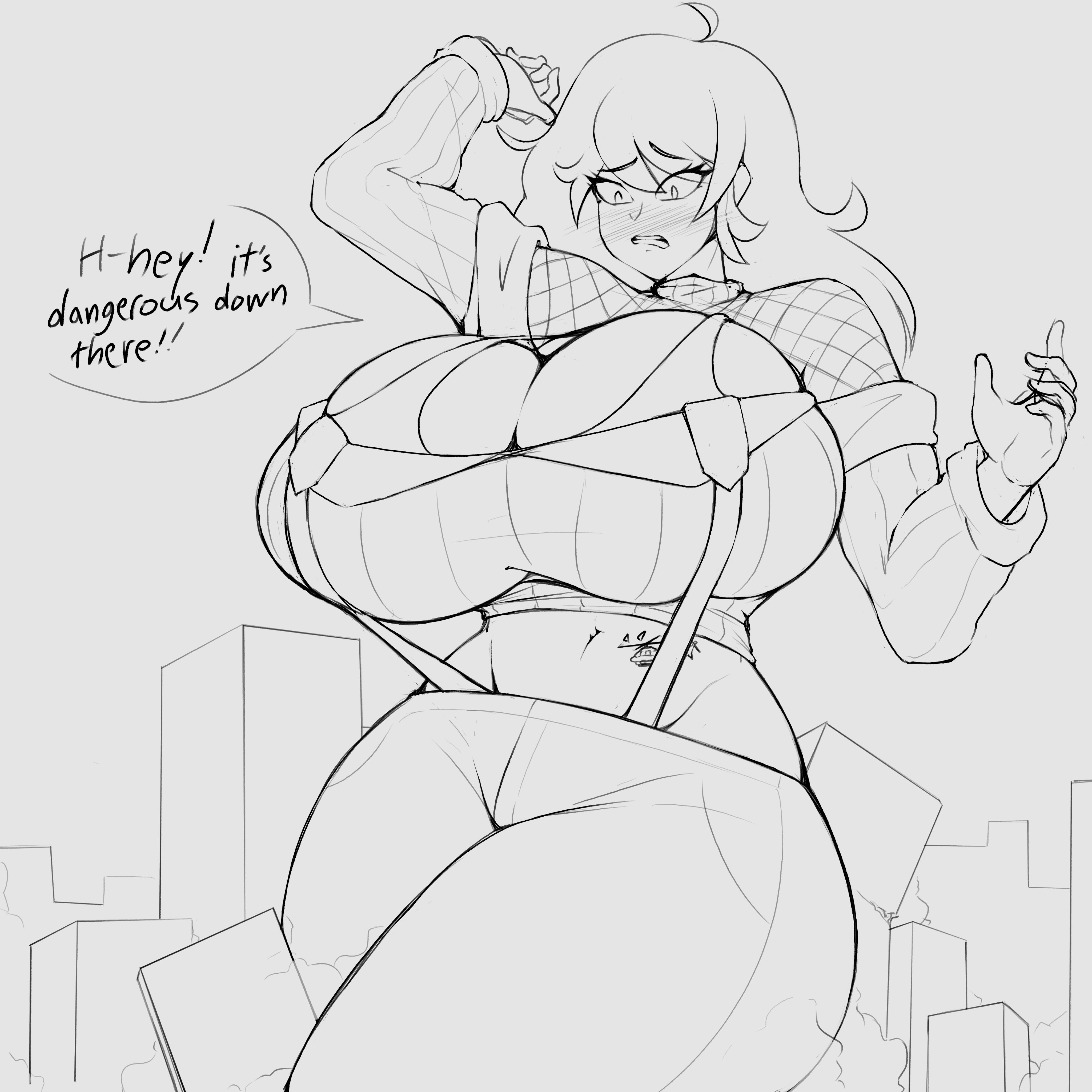 alexis (juhbuhyuh), ass, breasts, english text, female, giantess, huge ass, huge breasts, lapotato8, monochrome, voluptuous, wide hips