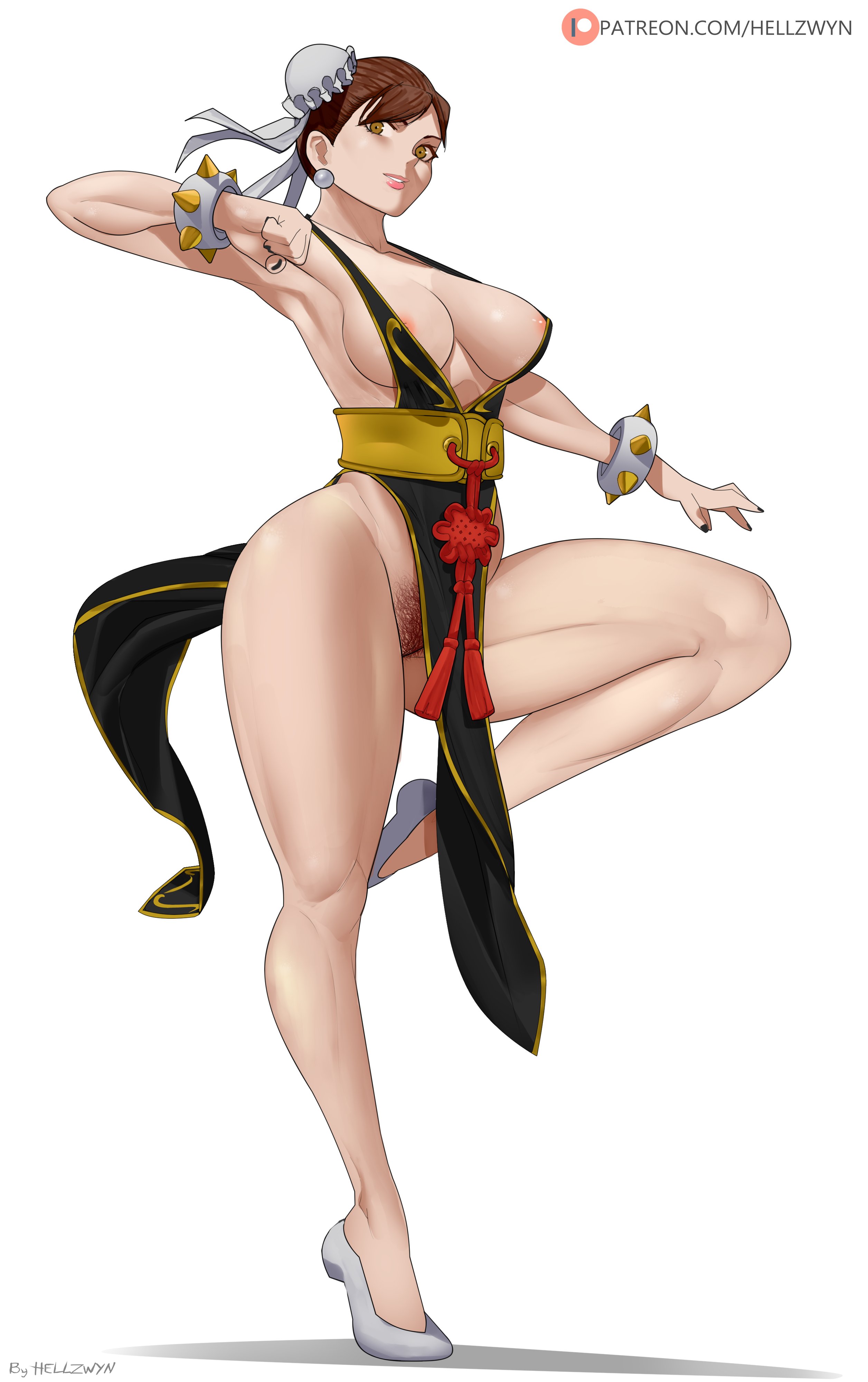 1girls, alternate costume, breasts, casual exposure, chun-li, chun-li (battle ouffit sfv), female, female focus, female only, hell904, large breasts, looking at viewer, no panties, partially clothed, pubic hair, pussy, smile, street fighter, street fighter v, thick thighs, thin waist, wide hips