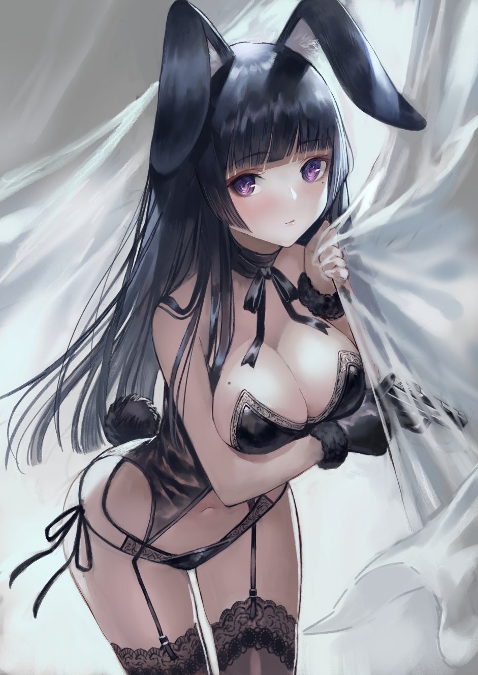 animal ears, arm under breasts, bangs, bare arms, bare shoulders, black bra, black gloves, black hair, black legwear, black panties, black underwear, blunt bangs, bra, breast hold, breasts, bunny ears, bunny tail, bunnysuit, bustier, choker, cleavage, curtain grab, curtains, female, fur trim, garter belt, garter straps, gloves, grabbing, gun, hand up, handgun, high resolution, hime cut, lace, lace trim, lace-trimmed legwear, lace-trimmed thighhighs, large breasts, leaning forward, lingerie, long hair, looking at viewer, mole, mole on breast, mole under eye, navel, original, pantsu, purple eyes, ribbon, ribbon choker, shirai hidemi, side-tie panties, solo, tagme, tail, terai, thighhighs, underwear, underwear only, weapon