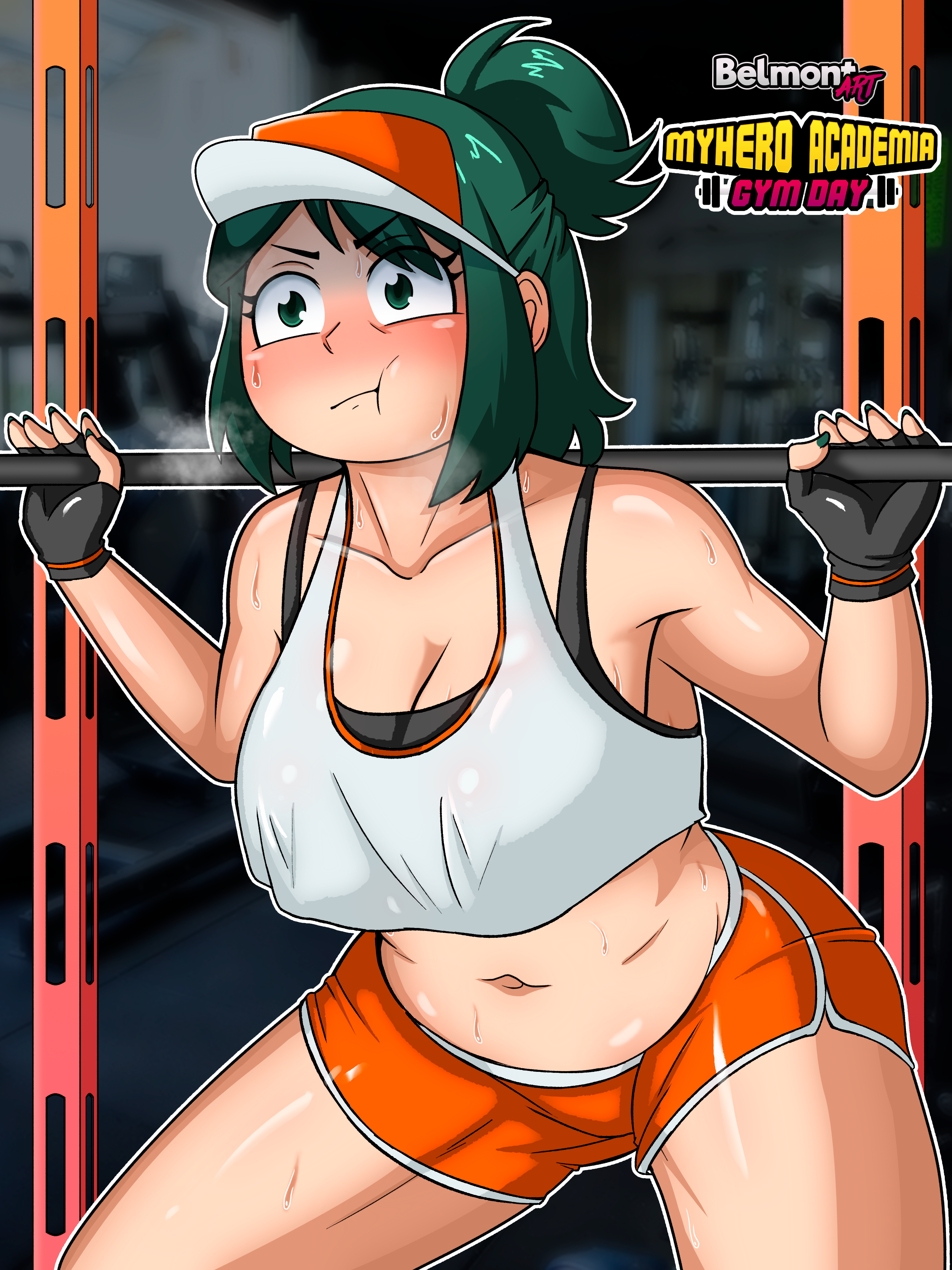 1girls, belmont, booty shorts, chubby, female, green hair, hi res, inko midoriya, mature female, midriff, milf, mother, my hero academia, pinup, solo, sports bra, sportswear, weightlifting, workout, workout clothes