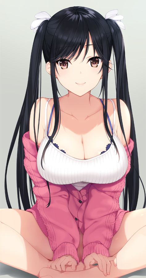 bangs bare_legs bare_shoulders barefoot black_hair blue_bra blue_underwear bra breasts brown_eyes clavicle cleavage clothes_down eyebrows_behind_hair feet female grey_background hair_ornament hair_over_shoulder hair_ribbon iizuki_tasuku impossible_clothes indian-style_sitting large_breasts legs long_hair long_sleeves looking_at_viewer original pink_lips pink_sweater ribbon sidelocks simple_background sitting smile solo strap sweater swept_bangs tagme tank_top thighs tied_hair toes twintails underwear very_long_hair