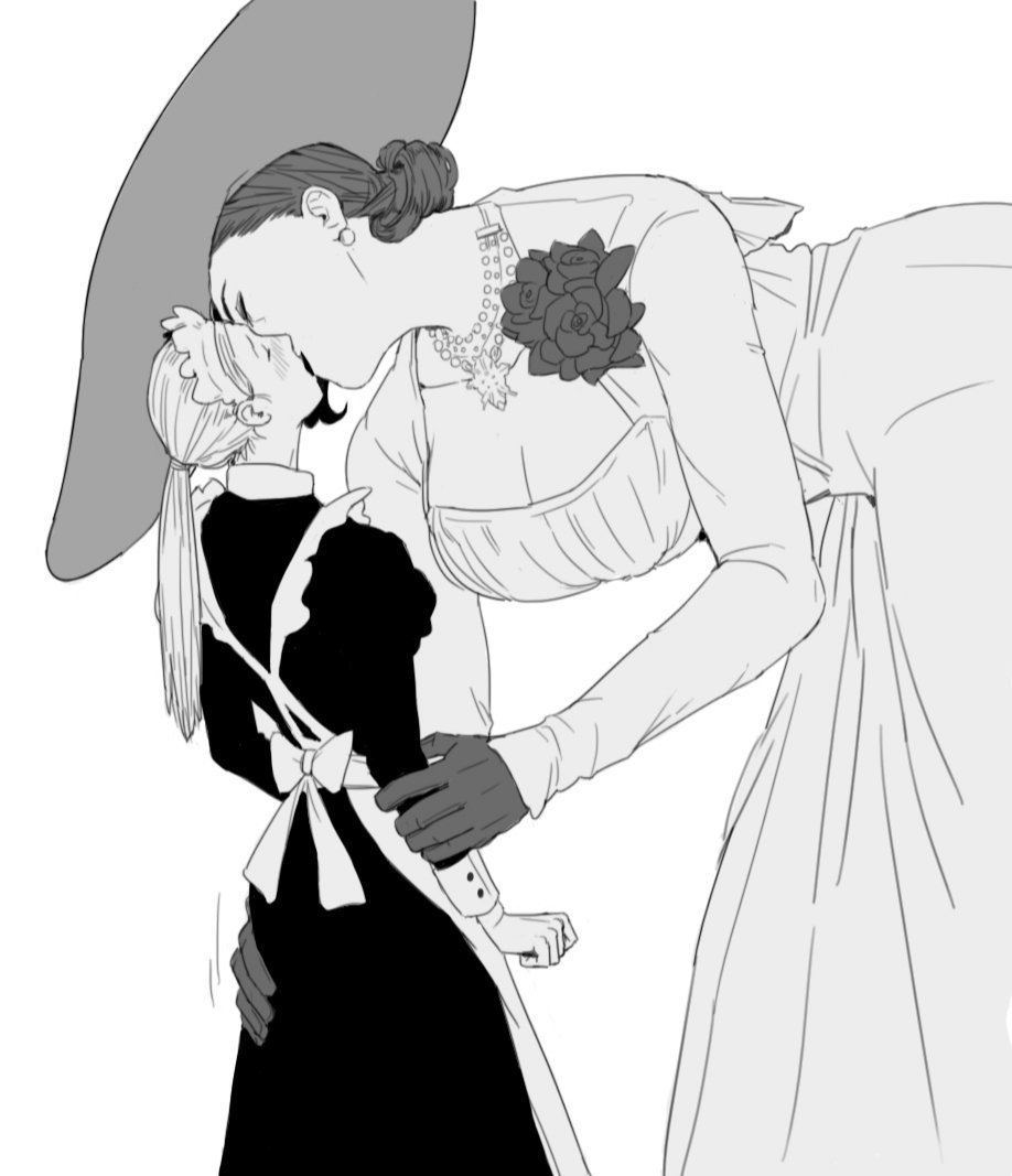 2girls, alcina dimitrescu, apron, arm grab, ass, ass grab, bent over, big dom small sub, blush, breasts, cleavage, closed eyes, collarbone, dress, earrings, female, femsub, gentle femdom, giant, giantess, gloves, greyscale, hat, height difference, jewelry, kissing, large breasts, leaning forward, lucy maud1, maid, maid apron, maid headdress, maid uniform, makeup, monochrome, multiple females, multiple girls, necklace, ponytail, resident evil, resident evil 8: village, size difference, standing, tied hair, white dress, wholesome, yuri