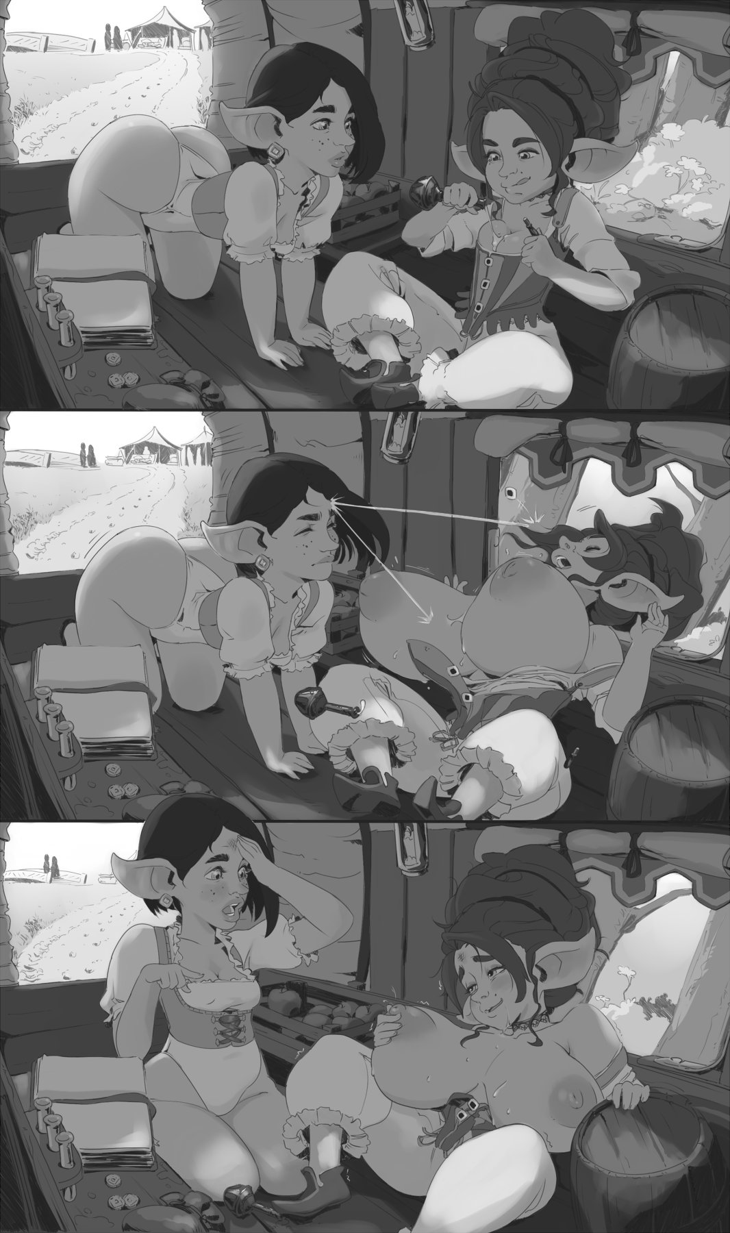 2girls, ass, big ass, big hair, breast expansion, breast growth, breast growth (enlargement), breasts, cleavage, comic, expansion, female, fully clothed, goblin, goblin female, koboldmaki, large breasts, large ears, leotard, long ears, monochrome, pointy ears, potion, shortstack, sweat, unbuttoned shirt