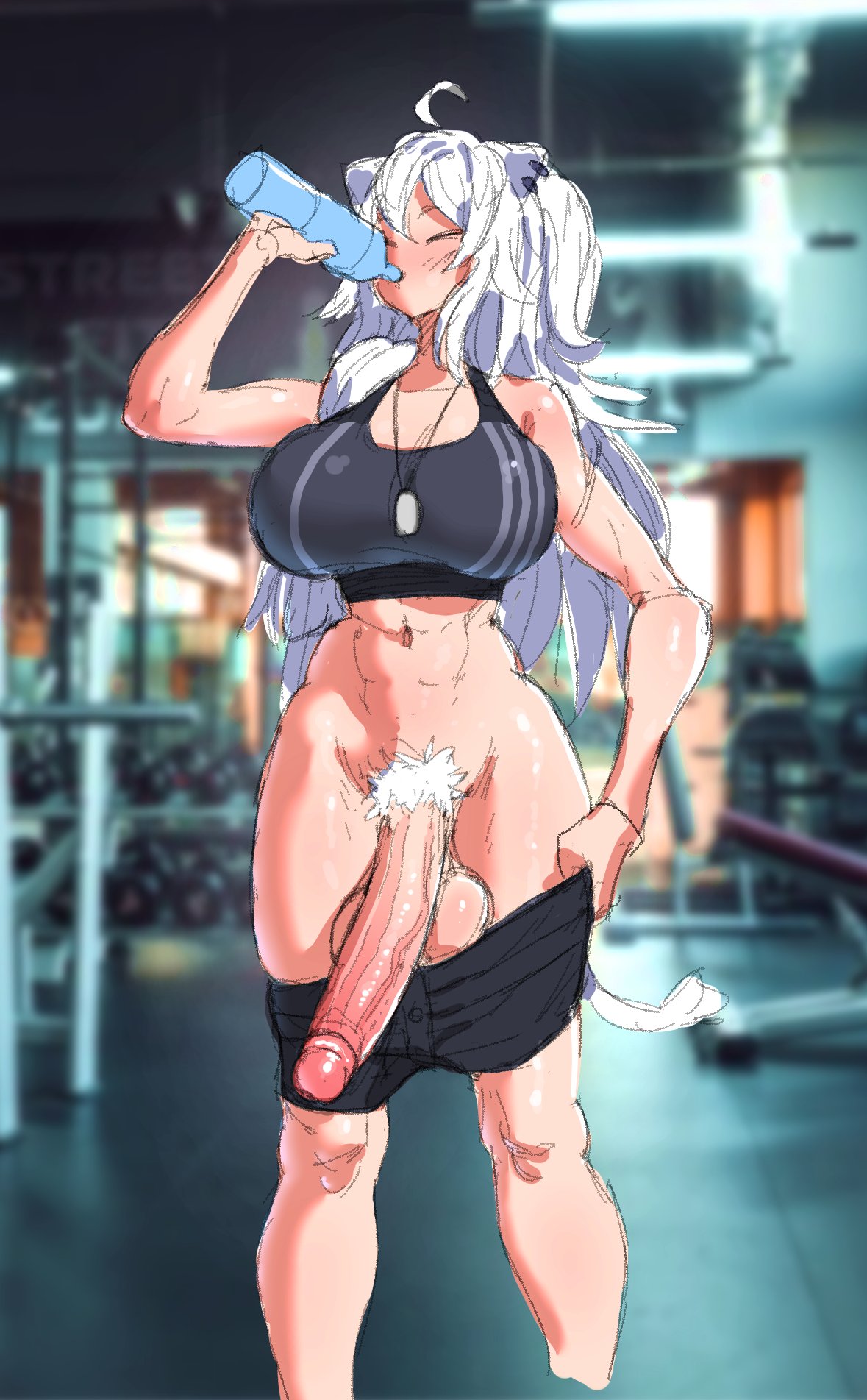 1futa abs animal_ears balls big_balls big_breasts big_penis breasts clothed clothing erection futa_only futanari gym hololive huge_cock humanoid humanoid_penis kemonomimi light-skinned_futanari light_skin lion_ears lion_girl lion_tail long_hair makinakid muscular_futanari pale_skin partially_clothed penis pubic_hair shishiro_botan solo standing virtual_youtuber white_hair workout_clothes