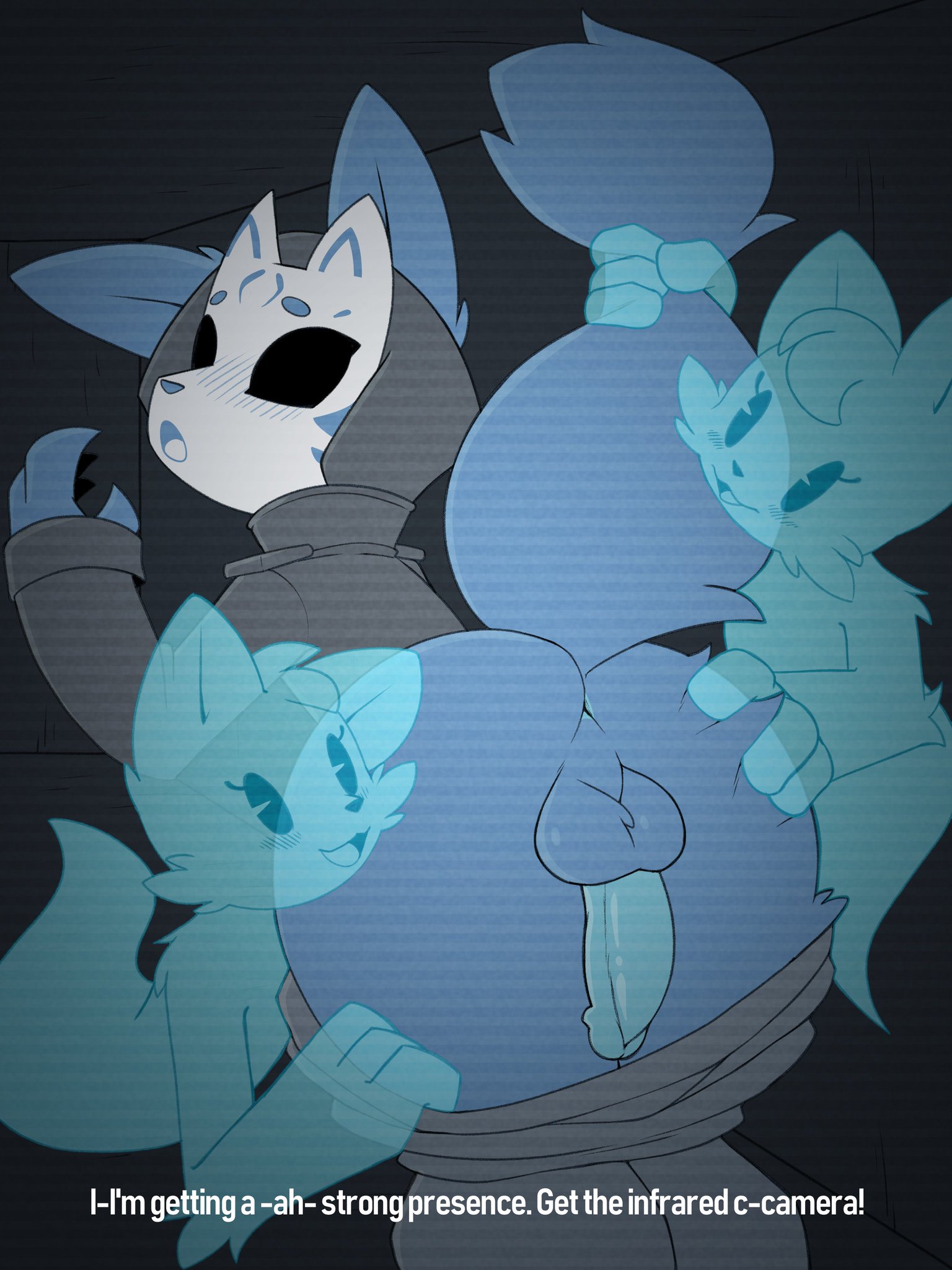 backsack, balls, ballsack, blue theme, blush, dialogue, english text, erection, femboy, gay, gay male, ghost, homosexual, homosexual male, kilinah, male, original, penis, tagme, tail, text, whygena, yaoi, yu (kilinah)