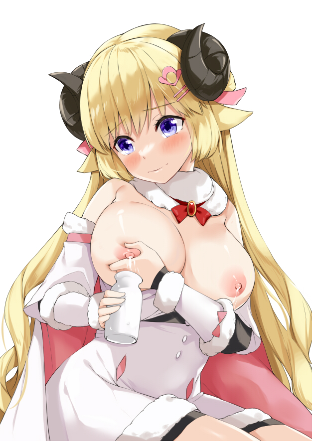 1girls animal_ears blonde_hair blue_eyes blush bottle bow bowtie breasts breasts_out brooch cape closed_mouth commentary cowboy_shot detached_collar detached_sleeves dress embarrassed female fur-trimmed_dress fur-trimmed_sleeves fur_collar fur_trim furrowed_brow grabbing_own_breast hair_ornament hair_ribbon hairclip holding holding_bottle holoforce hololive hololive_japan horns jewelry kosuke_(bb) lactation large_breasts long_hair milk_bottle nipples pink_cape pink_ribbon red_neckwear ribbon sheep_ears sheep_horns simple_background solo symbol-only_commentary tsunomaki_watame virtual_youtuber white_background white_dress