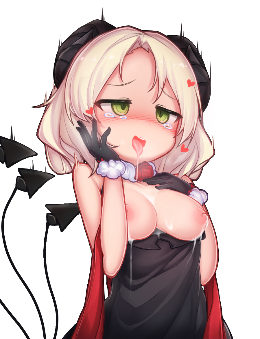 bare_shoulders black_dress black_gloves blonde_hair blush breasts breasts_out choker demon_girl demon_horns demon_tail dress drooling eyebrows_visible_through_hair female flower gloves green_eyes hand_on_own_cheek hand_on_own_chest hand_on_own_face heart horns i_have_been_killing_slimes_for_300_years_and_maxed_out_my_level lactation medium_hair mochikushi open_mouth provat_pecora_allieres_(slime_taoshite_300_nen) red_shawl rose saliva shawl slime_taoshite_300_nen_shiranai_uchi_ni_level_max_ni_nattemashita tail tears tongue tongue_out white_background white_choker