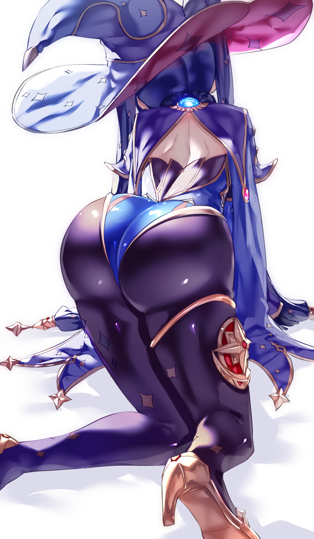 1girls, 2021, ass, ass focus, ass shot, back view, backless outfit, black hair, blue leotard, bubble ass, bubble butt, female, female focus, female only, genshin impact, hair ornament, hat, heels, high heels, highleg leotard, huge ass, kneeling, large hat, leotard, long hair, mona (genshin impact), sheer legwear, shiny legwear, simple background, thick thighs, thighs, twintails, uenoryoma, white background, witch hat