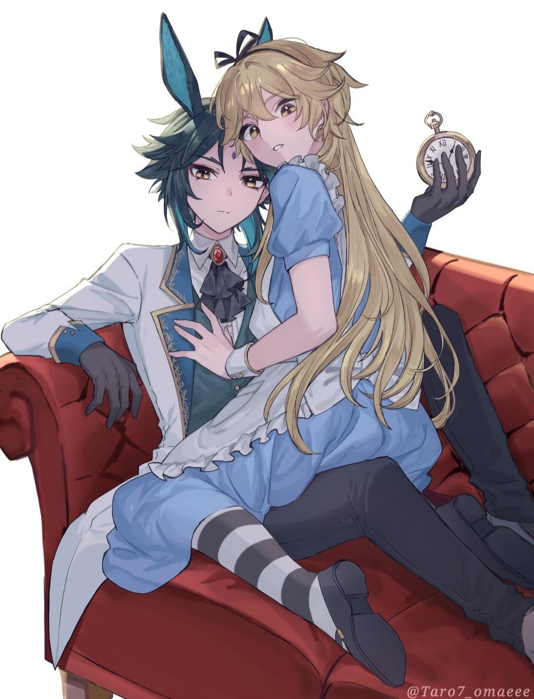 2boys, aether (genshin impact), alice in wonderland, alice liddell, alice liddell (cosplay), amber eyes, blonde hair, bunny ears, crossdressing, female, femboy, gay, genshin impact, gold eyes, green hair, male, stockings, taro7 omaeee, twink, xiao (genshin impact), yaoi
