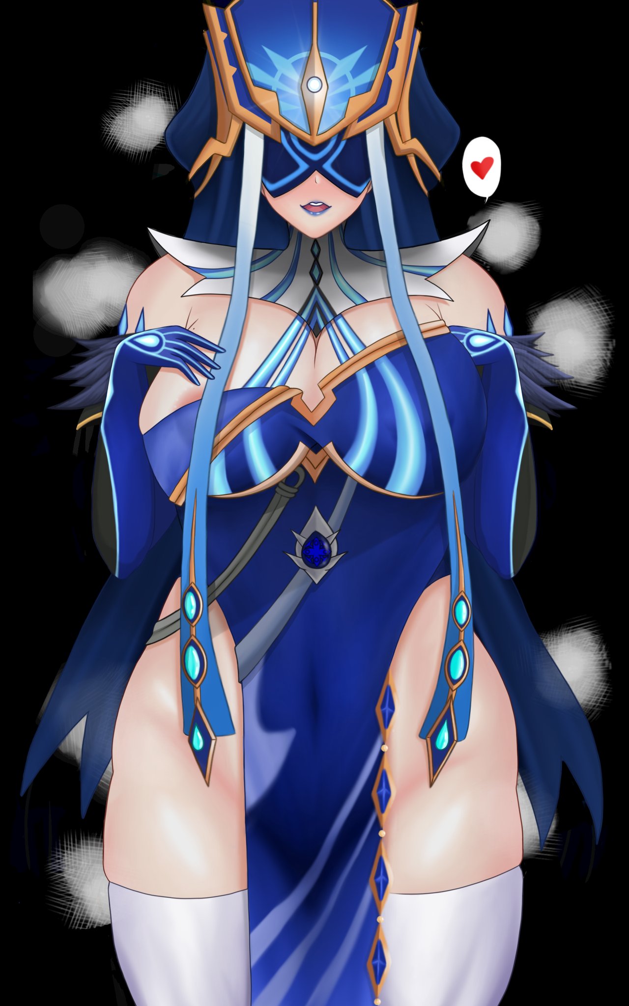 1girls, big breasts, black background, blush, breasts, busty, chieftheearl, covered breasts, fatui mirror maiden (genshin impact), female, female only, genshin impact, huge breasts, large breasts, legwear, simple background, solo, thick thighs, thighhighs, thighs, voluptuous
