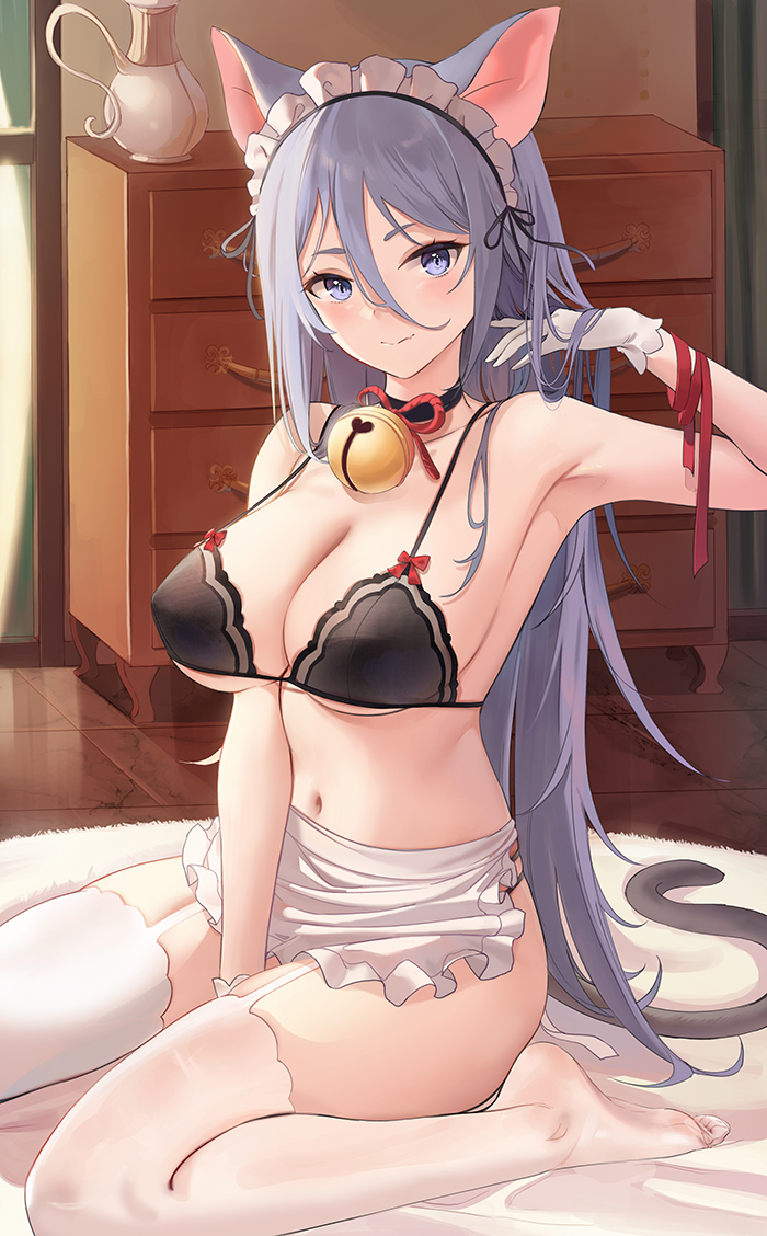 :> animal_ears apron armpits bare_arms bare_shoulders bell between_legs black_bra black_choker black_underwear bra breasts cat_girl cat_tail choker clavicle cleavage closed_mouth clothing covered_erect_nipples duplicate erect_nipples erect_nipples_under_clothes female female garter_straps gloves grey_hair hair_between_eyes indoors jingle_bell large_breasts lingerie long_hair looking_at_viewer maid maid_apron maid_headdress navel nekomimi nipples no_shoes oerba_yun_fang on_floor one_arm_up original pantsu purple_eyes red_ribbon ribbon sitting skindentation smile solo stomach strap_gap string_bra string_panties tagme tail thighhighs thighs underwear underwear_only very_long_hair waist_apron wariza white_gloves white_legwear yumaomi