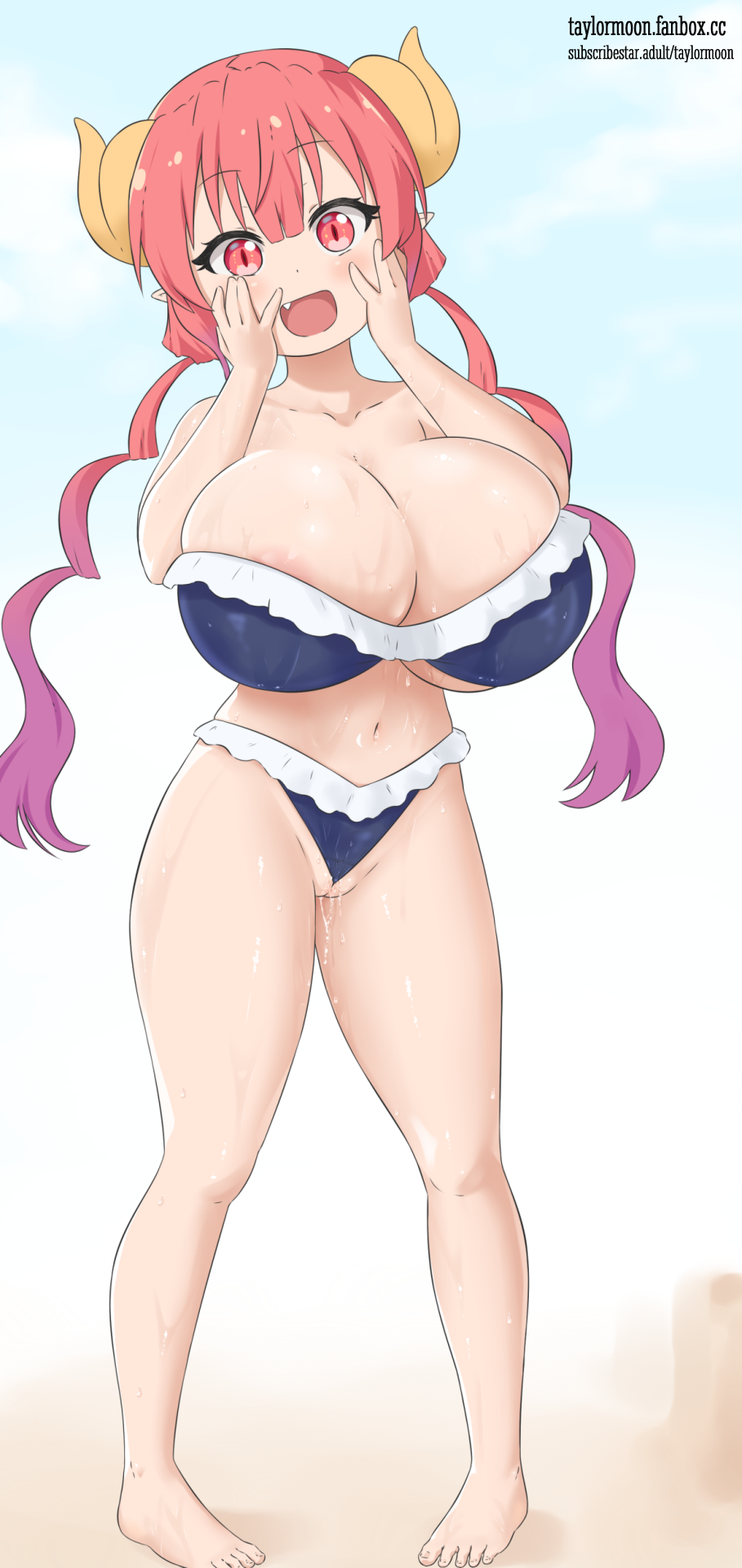 1girls bandeau bandeau_bikini bikini cleavage cleavage_cutout dragon_girl dragon_horns hand_on_head huge_breasts ilulu_(dragon_maid) light-skinned_female light_skin looking_at_viewer miss_kobayashi's_dragon_maid pussy_juice red_eyes shortstack taylormoon twintails voluptuous wet wet_skin