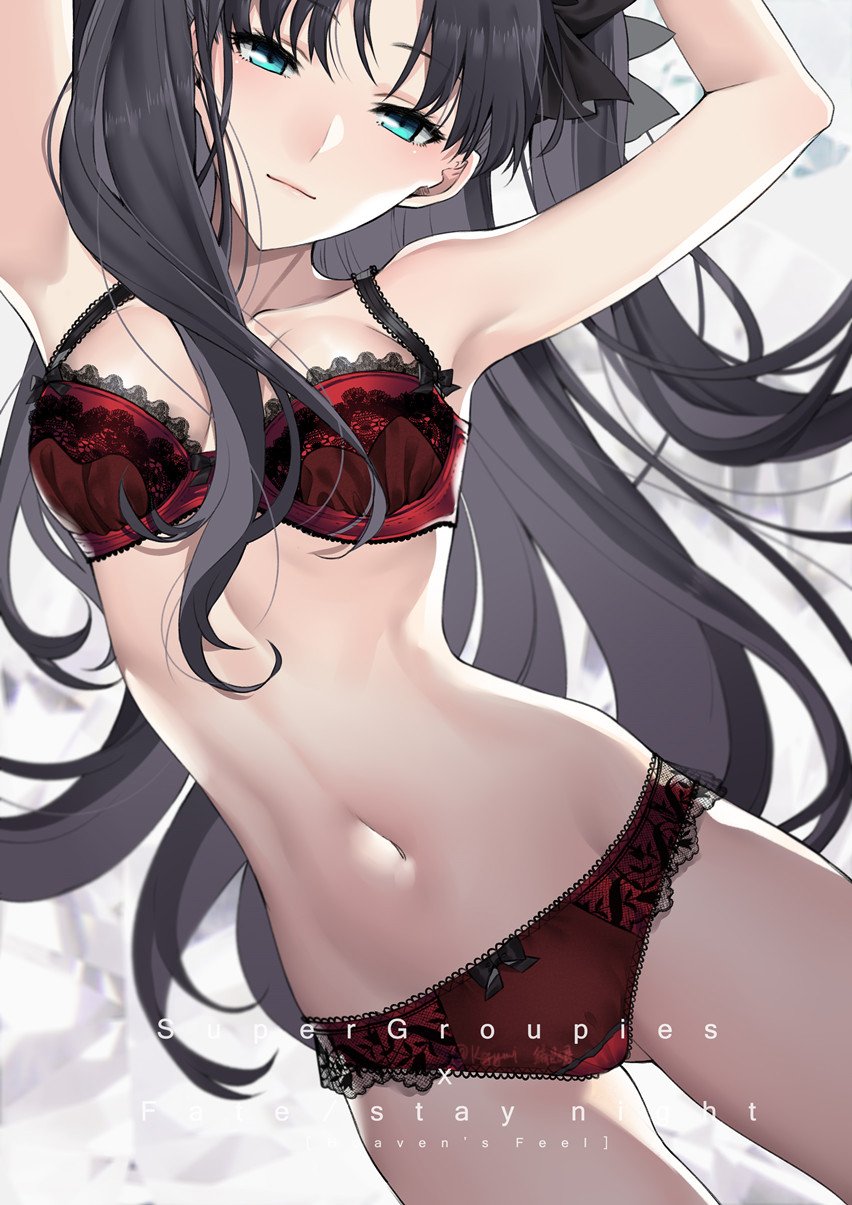 1girls archway_of_venus armpits arms_up bangs bare_shoulders black_and_red_bra black_and_red_lingerie black_and_red_panties black_bra_straps black_hair black_ribbon blue_eyes blush bra breasts clavicle closed_mouth fate/stay_night fate_(series) female gluteal_fold groin hair_ornament hair_ribbon high_resolution jpeg_artifacts lace lace-trimmed_bra lace-trimmed_lingerie lace-trimmed_panties lace_trim lingerie long_hair looking_at_viewer medium_breasts navel pantsu picot_trim picot_trim_bra picot_trim_lingerie picot_trim_panties red_bra red_lingerie red_panties red_underwear ribbon ribbon-trimmed_bra ribbon-trimmed_panties ribbon_trim sidelocks smile solo stomach thighs tohsaka_rin two_side_up underwear yaoshi_jun