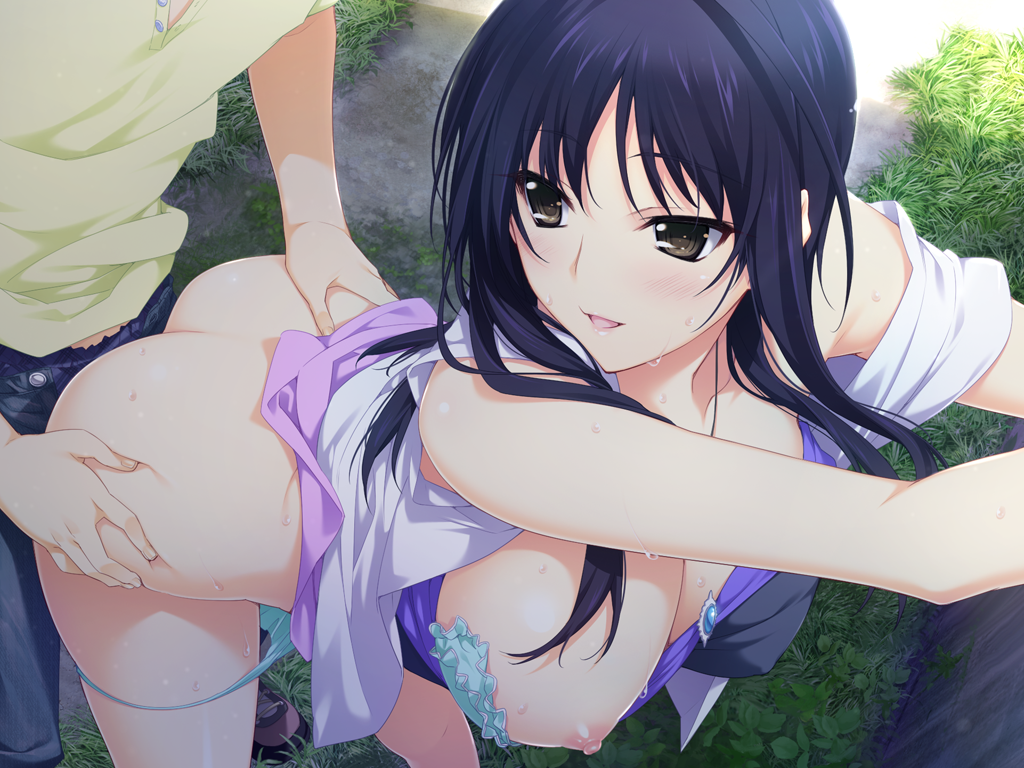 1boy 4:3_aspect_ratio aqua_bra aqua_panties aqua_underwear bare_shoulders bent_over black_hair blush bra breast_slip breasts brooch brown_eyes buttons cg_art clothing doggy_style female female game_cg grass hands_on_another's_hips iizuki_tasuku izumi_wakoto jewelry large_breasts lingerie long_hair lovely_x_cation_2 male nipples one_breast_out_of_clothes open_mouth pants pantsu panty_pull sex shoes smile solo_focus standing standing_sex straight sweat tagme taken_from_behind underwear underwear_pull