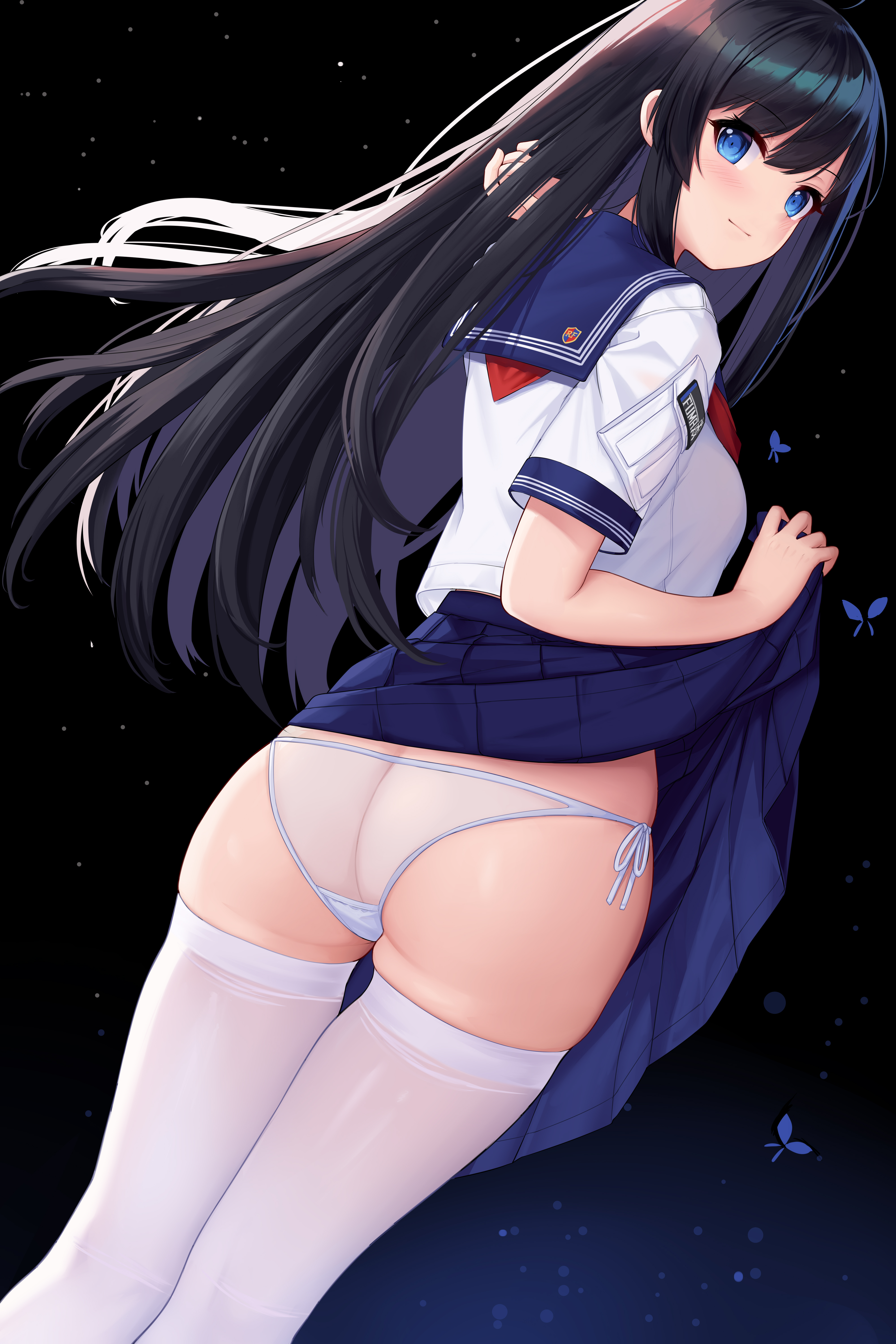 :p, allenes, ass, black background, black hair, blue eyes, blue skirt, blush, breasts, bug, butterfly, closed mouth, clothes pull, crop top, female, female only, from behind, hand in hair, high resolution, high-waist skirt, insects, large filesize, lifted by self, long hair, looking at viewer, looking back, miniskirt, original, pantsu, pleated skirt, sailor collar, school uniform, see-through, serafuku, shirt, short sleeves, side-tie panties, sidelocks, skindentation, skirt, skirt lift, skirt pull, small breasts, solo, string panties, tagme, thigh gap, thighhighs, tongue, tongue out, underwear, uniform, very high resolution, white legwear, white panties, white shirt, white underwear