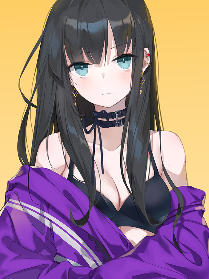 aqua_eyes bangs bare_shoulders black_bra black_choker black_hair black_underwear blue_eyes bra breasts brown_hair butterfly choker clavicle cleavage closed_mouth diamond_earrings e_myo ear_piercing earrings expressionless eyebrows_visible_through_hair female hoodie jacket jewelry long_hair long_sleeves looking_at_viewer medium_breasts off_shoulder open_clothes open_jacket orange_background original piercing purple_jacket ribbon sanpakugan sidelocks simple_background solo tagme underwear upper_body yumaomi