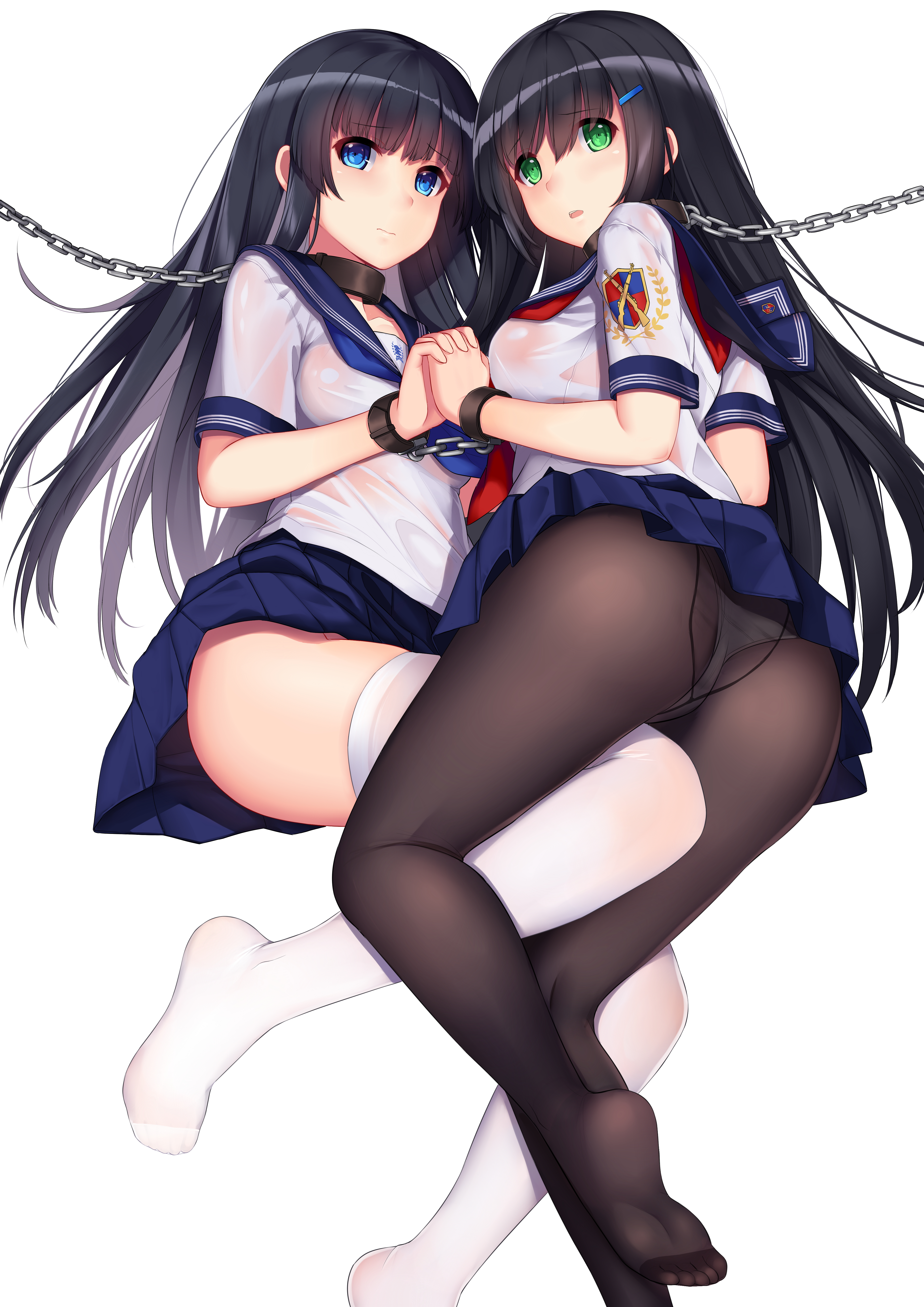 2girls, allenes, ass, bangs, black hair, black legwear, blue eyes, blue sailor collar, blue skirt, blunt bangs, bondage, bound together, chains, clothes pull, collar, cuffs, eyebrows visible through hair, feet, female, femsub, green eyes, hair between eyes, hair ornament, hairclip, handcuffs, high resolution, holding hands, interlocked fingers, large filesize, long hair, miniskirt, multiple females, multiple girls, multiple subs, neckerchief, no shoes, original, panties under pantyhose, pantsu, pantyhose, pleated skirt, red neckwear, restraints, sailor collar, school uniform, see-through, serafuku, shiny, shiny hair, shirt, short sleeves, simple background, skirt, skirt lift, skirt pull, soles, tagme, thighhighs, toes, underwear, uniform, very high resolution, very long hair, wet, wet clothes, wet shirt, white background, white shirt