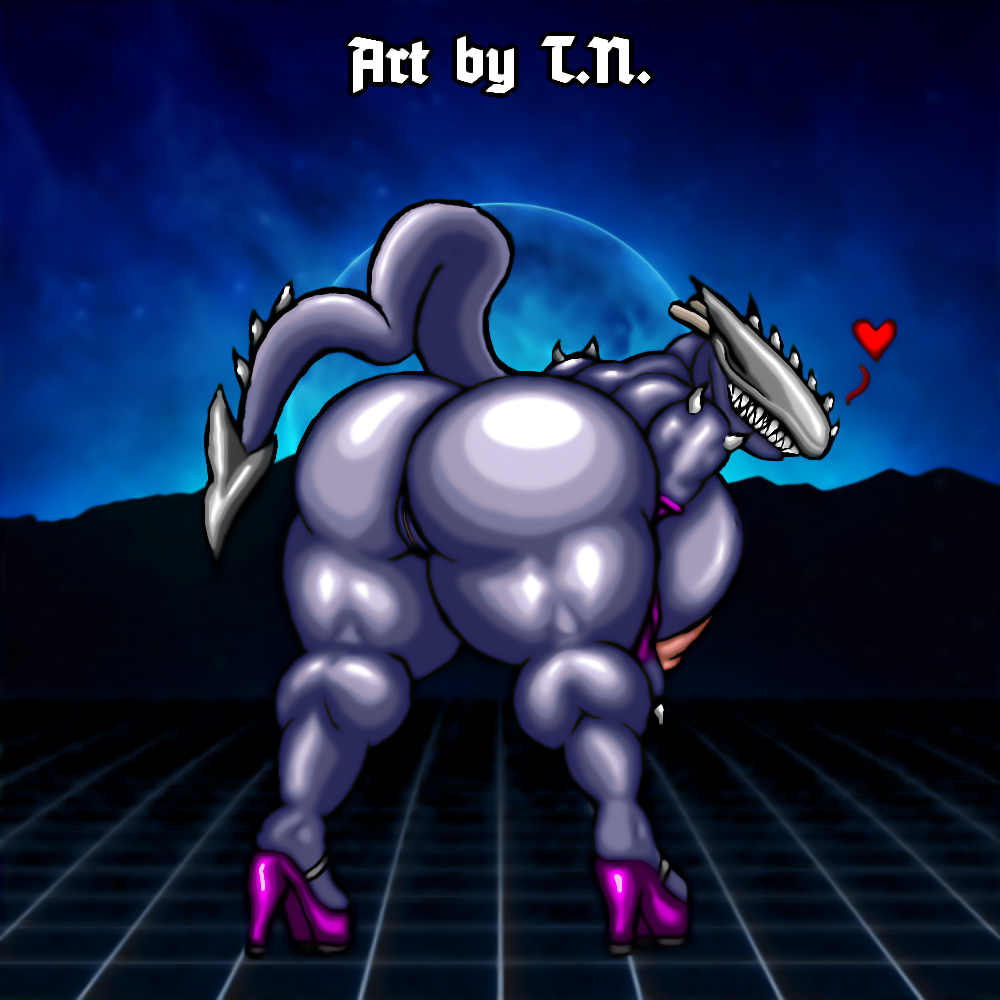 1:1 alien alien_(franchise) anthro armwear ass big_breasts big_butt bns_arts breasts claws clothing elbow_gloves eyeless female fingerless_gloves genitals gloves handwear high_heels huge_breasts huge_butt platform_footwear platform_heels presenting presenting_hindquarters pussy sharp_claws sharp_teeth smile solo spikes spikes_(anatomy) t.n. teeth thick_thighs xenomorph