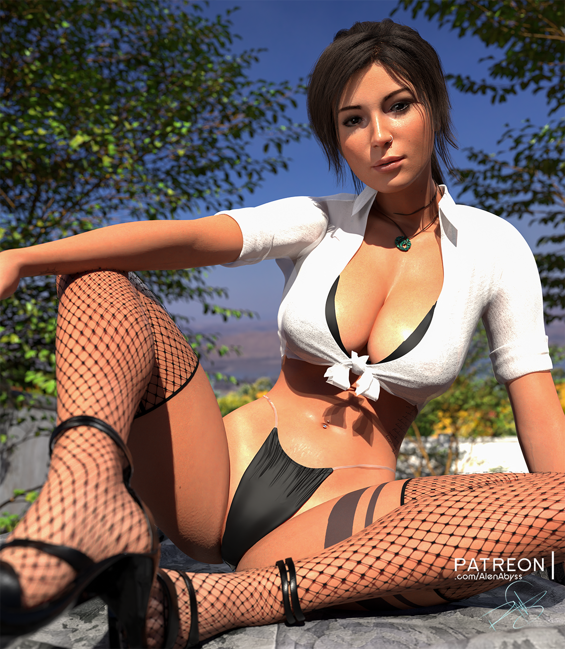 1girls, 3d, alenabyss, alternate version available, black bra, black panties, bra cups sticking out, brown hair, cleavage, female, female focus, female only, fishnets, front-tie top, fully clothed, high heels, lara croft, lara croft (survivor), legs apart, looking at viewer, sitting, stockings, thong, tied shirt, tomb raider, tomb raider (survivor)