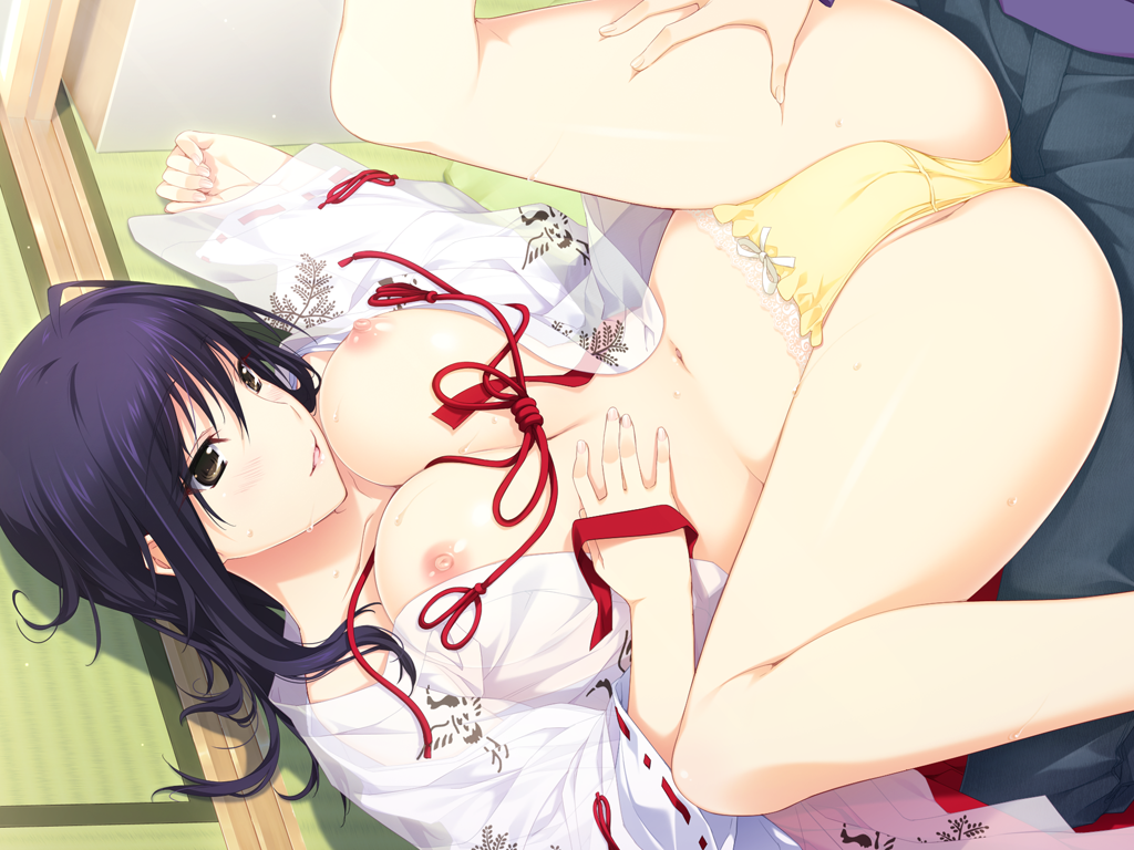 1boy 4:3_aspect_ratio black_hair blush bow bow_panties breasts brown_eyes cameltoe cg_art chihaya_(clothing) clothing female female game_cg iizuki_tasuku izumi_wakoto large_breasts lingerie long_hair lovely_x_cation_2 male navel nipples open_clothes open_mouth pantsu parted_lips piledriver ribbon-trimmed_sleeves ribbon_trim smile tagme underwear upside-down wafuku wide_sleeves yellow_panties