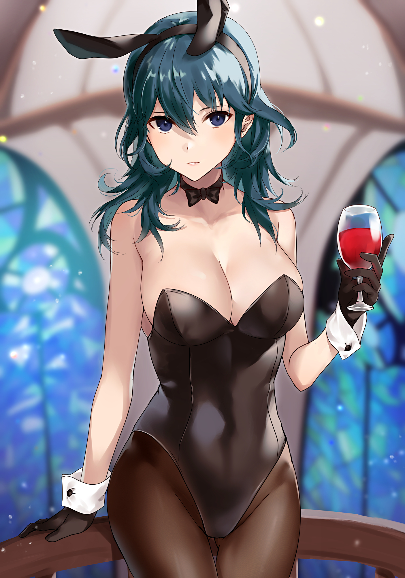 1girls, alcohol, alternate costume, animal ears, ass visible through thighs, bangs, bare arms, bare shoulders, black gloves, black legwear, black leotard, blue eyes, blue hair, blush, bow, bow choker, bowtie, breasts, bunny ears, bunny girl, bunnysuit, byleth (fire emblem), byleth (fire emblem) (female), cleavage, cup, drinking glass, fake animal ears, female, fire emblem, fire emblem: three houses, gloves, hair between eyes, hand on railing, haru (nakajou-28), highres, holding, holding cup, holding object, holding wine glass, large breasts, leotard, lipstick, long hair, looking at viewer, medium hair, nintendo, parted lips, playboy bunny, rabbit ears, solo, white skin, wine, wine glass, wrist cuffs