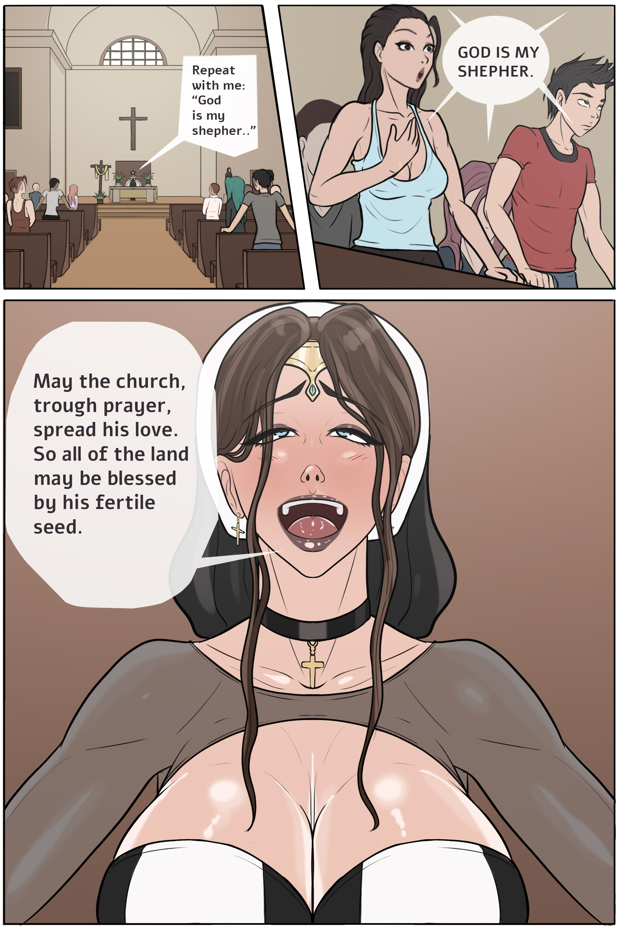 1futa, alekerectsociety, breasts, church, cleavage, clothed, clothing, comic, dialogue, english text, female, fully clothed, futa focus, futa on male, futa with female, futa with male, futanari, group, human, intersex, male, nun, speech bubble, stealth oral, stealth sex, tagme, text, under the table