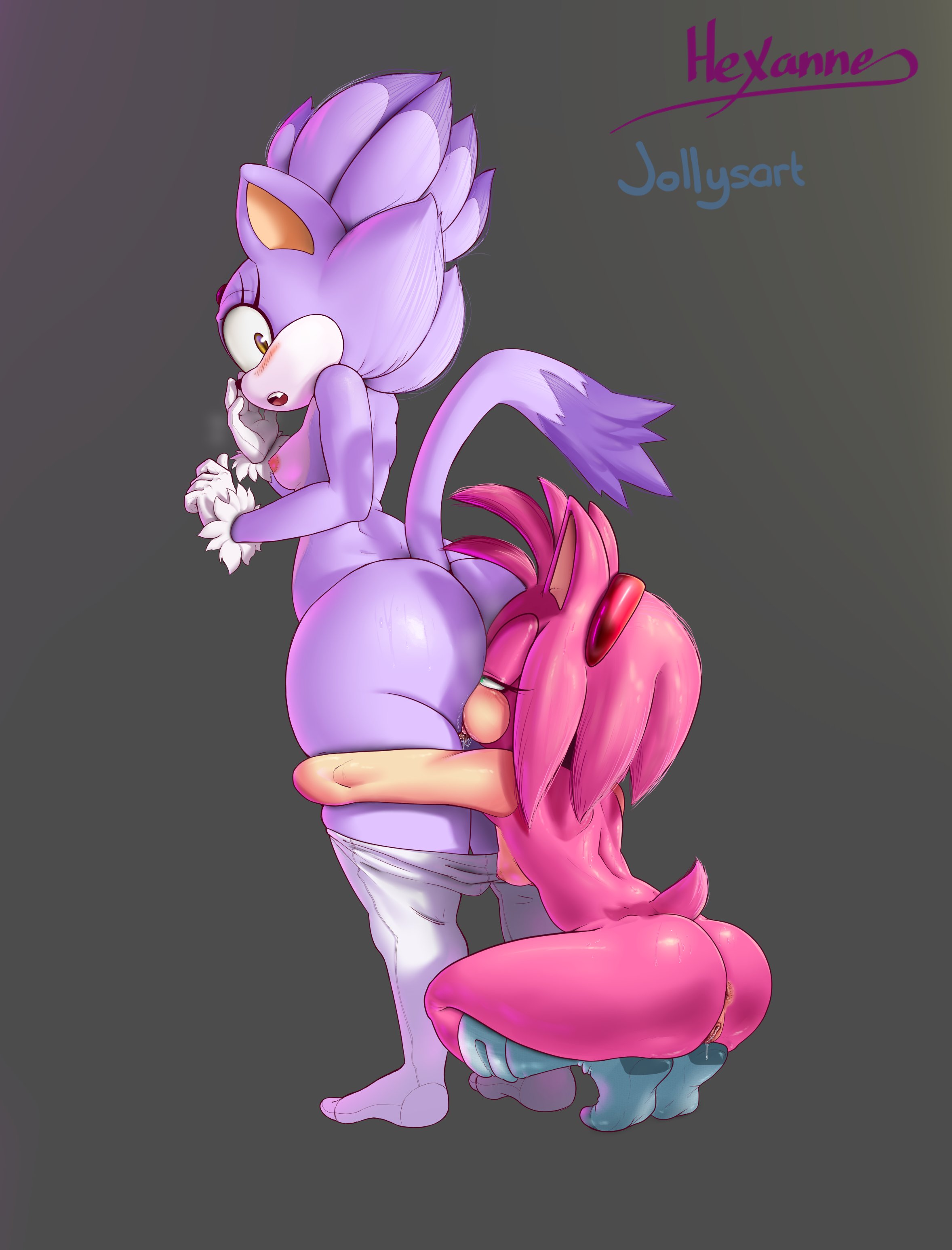 2girls, absurd res, amy rose, anthro, anthro only, anus, areola, artist name, ass, ass worship, big ass, big butt, black nose, blaze the cat, blush, bodily fluids, boots, bottom heavy, breasts, bubble ass, bubble butt, clothed, clothing, cunnilingus, domestic cat, drooling, duo, eating ass, eating pussy, eulipotyphlan, exposed torso, face in ass, feet, felid, feline, felis, female, female only, female/female, footwear, footwear only, forehead jewel, fur, furry, furry only, genital fluids, genitals, gloves, green eyes, hairband, half-closed eyes, handwear, hedgehog, hexanne, hi res, jollysart, looking back, mammal, mostly nude, naked, nipples, nude, open mouth, oral, pants down, partially clothed, pink body, pink fur, purple body, purple fur, pussy, pussy juice, raised tail, rimming, saliva, sega, sex, short tail, sideboob, simple background, small breasts, socks, socks only, sonic (series), sonic the hedgehog (series), squatting, standing, sweat, tail, thick thighs, topless, video games, wide hips, yellow eyes, yuri