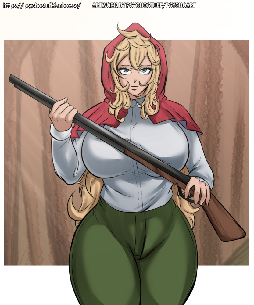 big_breasts blonde_hair blue_eyes clothing curvy double-barreled_shotgun female firearm grimm_(red_hood) gun huge_breasts human long_hair pale_skin psychostuff red_hood shotgun stoic the_hunters_guild:_red_hood thick_thighs weapon wide_hips