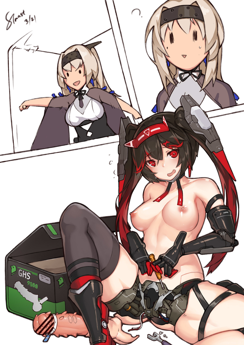 2girls, bianca (punishing: gray raven), black hair, blonde hair, blush, body modification, breasts, female, futanari, headgear, intersex, long hair, lucia (punishing: gray raven), medium breasts, nipples, pale skin, ponytail, punishing: gray raven, red eyes, red hair, robot girl, stmaster, topless, twintails, yellow eyes