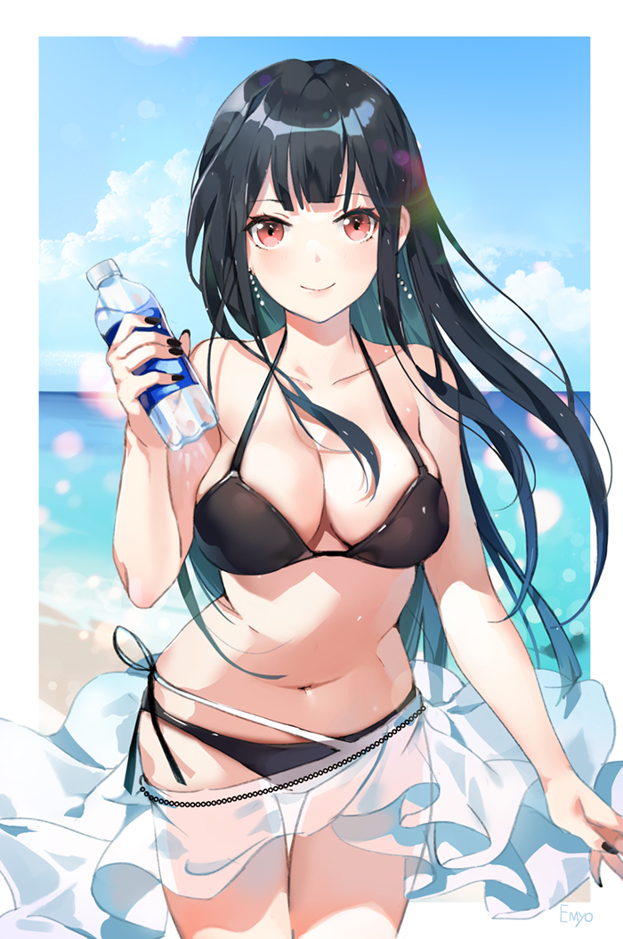 :> bare_arms bare_shoulders beach bikini black_bikini black_hair black_nails black_swimsuit blue_sky blush bottle breasts clavicle cleavage closed_mouth day drink e_myo earrings female female holding holding_bottle jewelry large_breasts lens_flare long_hair looking_at_viewer nail_polish navel ocean original original_character outdoors pantsu pink_eyes red_eyes shiny shiny_hair side-tie_panties skirt sky smile solo straight_hair swimsuit tagme thigh_gap thighs underwear very_long_hair water_bottle white_skirt yumaomi