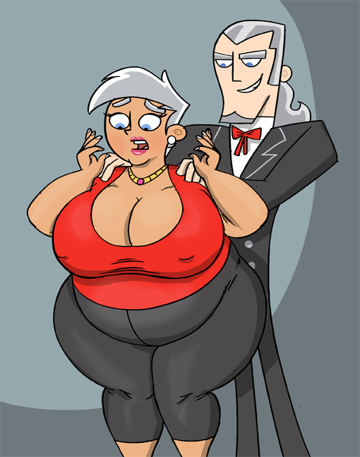 1boy 1girls after_transformation aged_up big_ass blue_eyes breasts danny_fenton danny_phantom ear_piercing female gilf grey_hair height_difference large_breasts male nipples_visible_through_clothing obese obese_female rule_63 saturnxart transformation vlad_masters what wide_hips