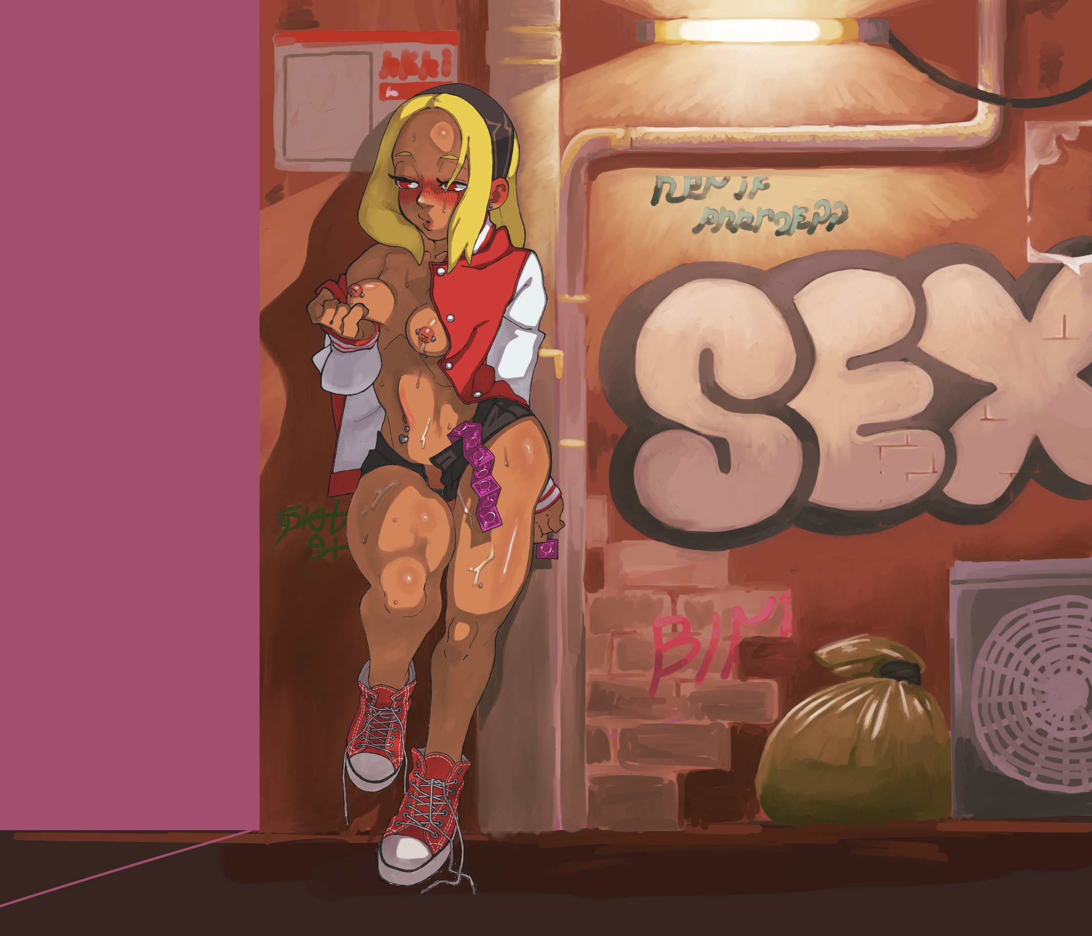 artist request, athletic, athletic female, blonde hair, breasts, busty, condom, condom wrapper, dark skin, dark-skinned female, female, female focus, female only, gravity rush, hourglass figure, jean shorts, kat (gravity rush), nipple piercing, nipples, piercing, prostitution, skimpy, skimpy clothes, sony interactive entertainment, standing, sweat, tagme, wide hips