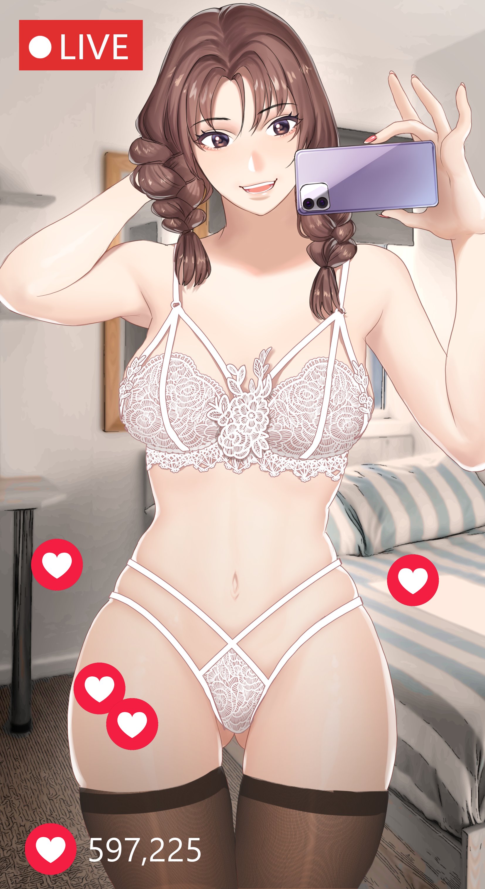 absurd res, alluring, ass visible through thighs, bed, black legwear, bra, braid, breasts, brown eyes, brown hair, cellphone, commentary, cowboy shot, english commentary, female, fingernails, gluteal fold, hanny (uirusu chan), heart, high res, holding, holding phone, julia chang, lace, lace bra, lace panties, lingerie, livestream, medium breasts, medium hair, multi-strapped panties, nail polish, namco, navel, no eyewear, panties, phone, self shot, skindentation, smartphone, standing, stockings, taking picture, tekken, tekken 7, thigh gap, twin braids, underwear, underwear only, voluptuous, white bra, white panties