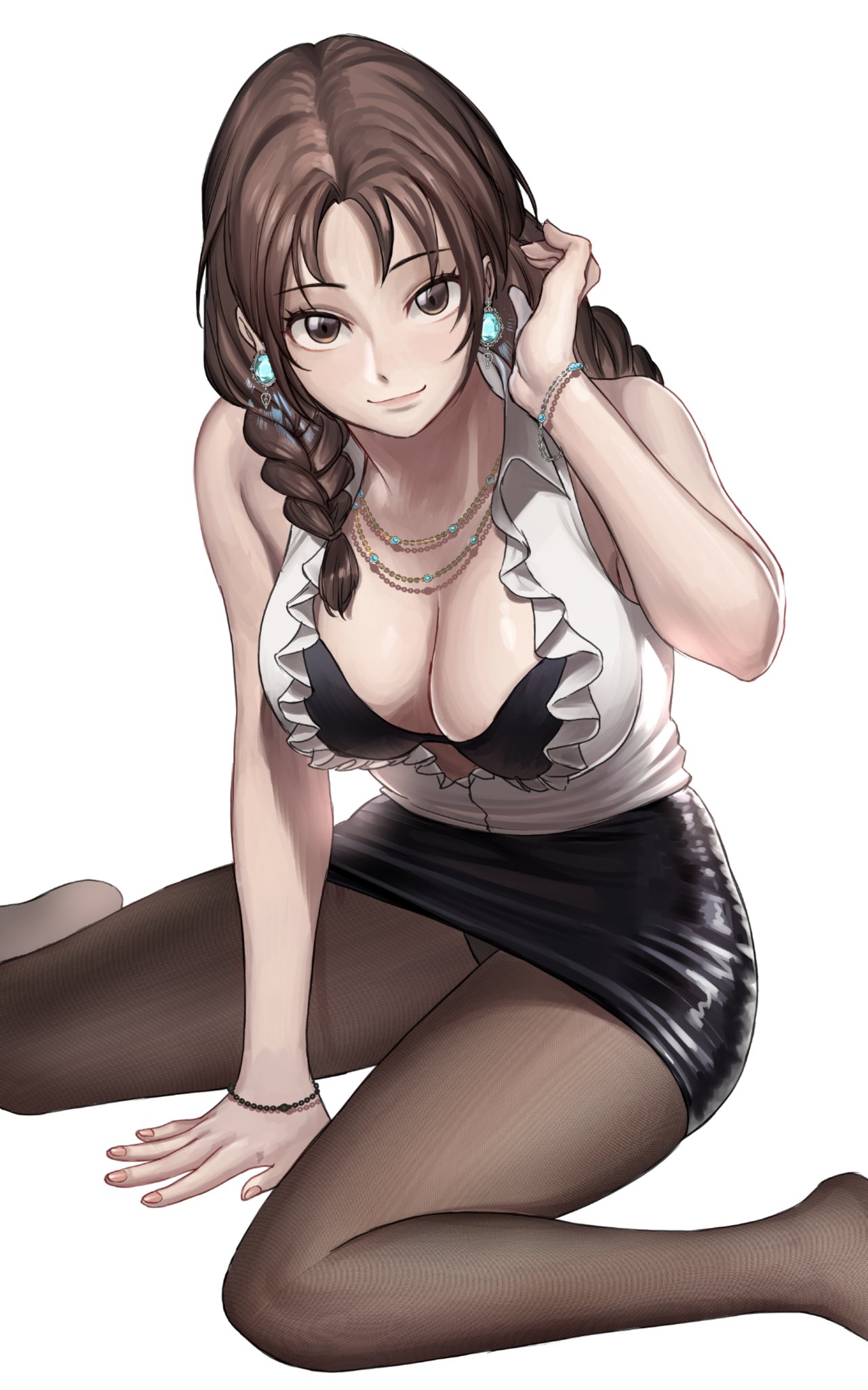 alluring, big breasts, black bra, black skirt, bra, bracelet, braid, breasts, brown eyes, brown hair, brown legwear, cleavage, commentary, earrings, english commentary, female, fingernails, frilled shirt collar, frills, hair over shoulder, hanny (uirusu chan), high res, jewelry, julia chang, leather skirt, looking at viewer, medium hair, nail polish, namco, necklace, no shoes, office lady, panties, panties under pantyhose, pantyhose, pantyshot, pencil skirt, shirt, skirt, sleeveless, sleeveless shirt, tekken, tekken 7, twin braids, underwear, white background, white shirt