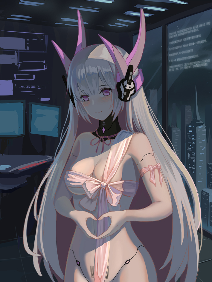 female, indoor, liv (punishing: gray raven), long hair, nipples, pink eyes, punishing: gray raven, robot, robot girl, solo, video games, white hair, 墨珃