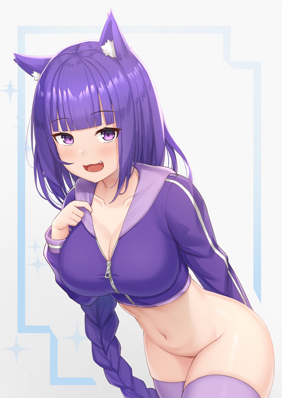 1girls, blush, bottomless, braid, breasts, cat ears, cat girl, catgirl, cleavage, cute, fang, female, genshin impact, jacket, large breasts, navel, no panties, purple eyes, purple hair, raiden shogun, smile, thighhighs, track jacket, yudaneko