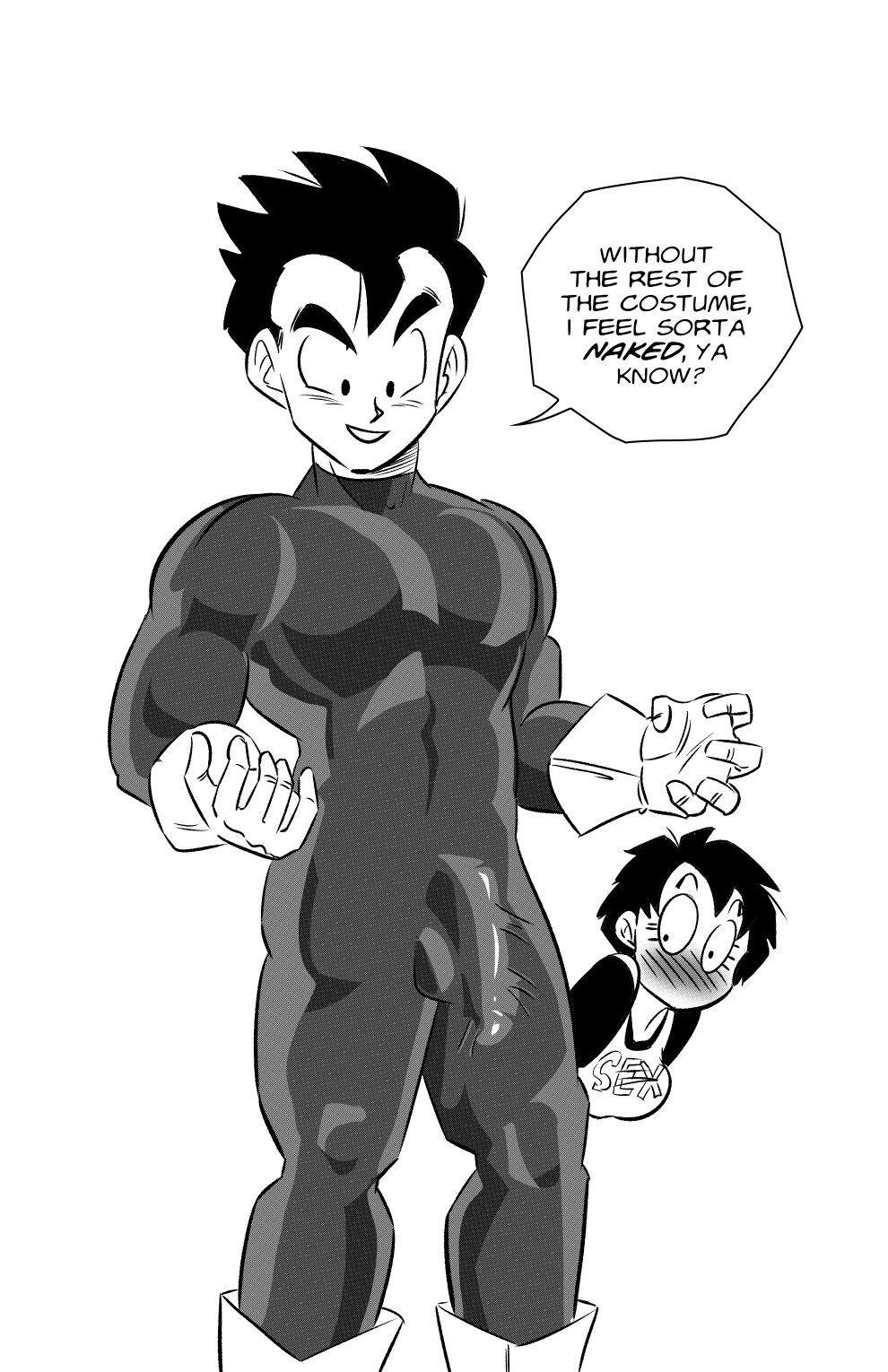 1boy, 1girls, blush, bulge, dragon ball, dragon ball z, female, funsexydragonball, gloves, male, male focus, penis, penis bulge, son gohan, videl