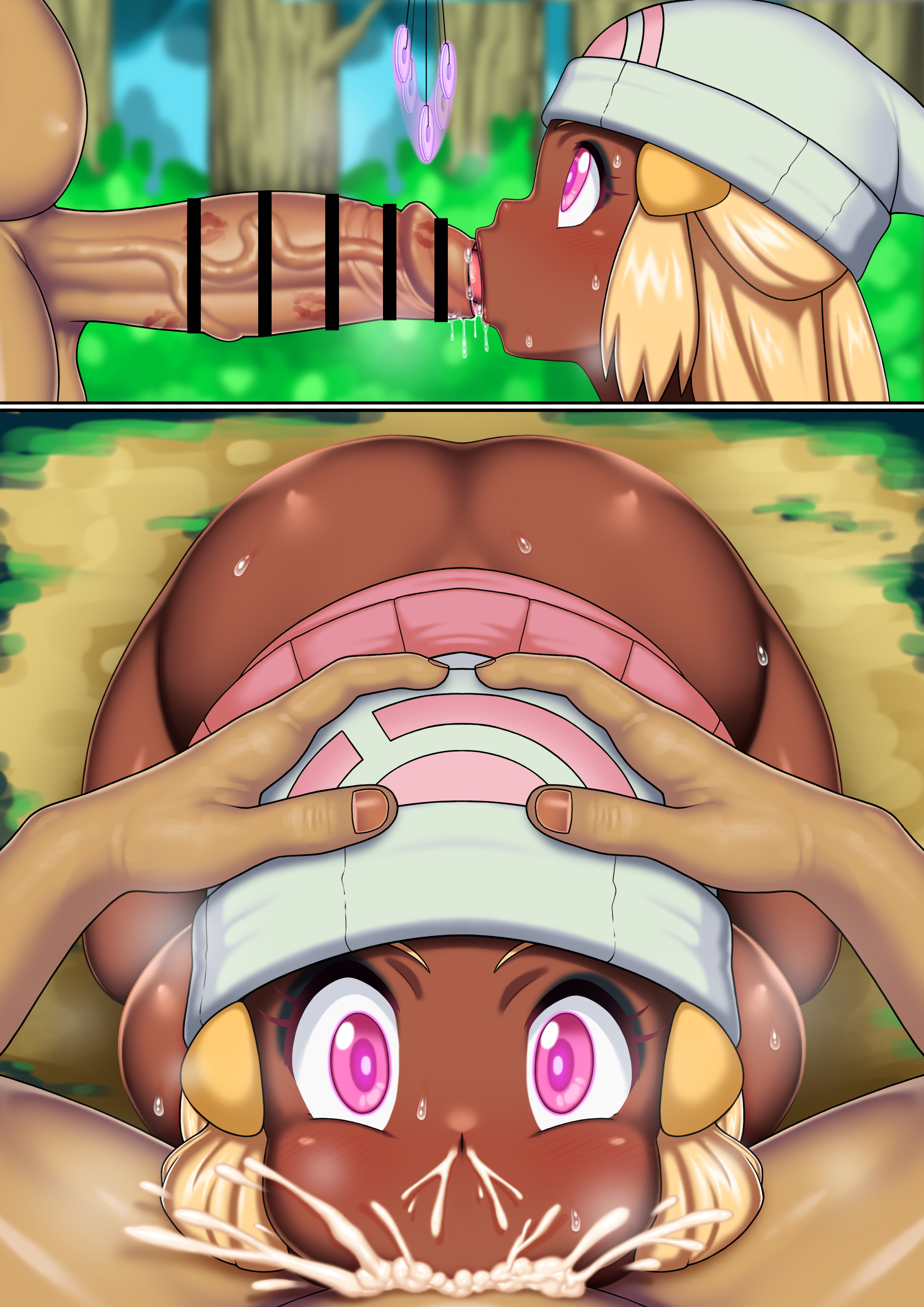 1boy, 1girls, alternate color, alternate hair color, alternate skin color, ass, big penis, blonde hair, blowjob, censor bar, censored, cum, cum in mouth, cum inside, cum out nose, dark skin, dark-skinned female, dawn (pokemon), ebifurai, fellatio, female, gyaru, hand on another's head, hand on head, hat, humanoid penis, hypno, hypnosis, interspecies, large penis, male, mind control, nintendo, nude, oral, pendulum, penis, pokemon, pokemon (species), pokemon bdsp, pokemon dppt, pokemon rgby, pokephilia, thick penis