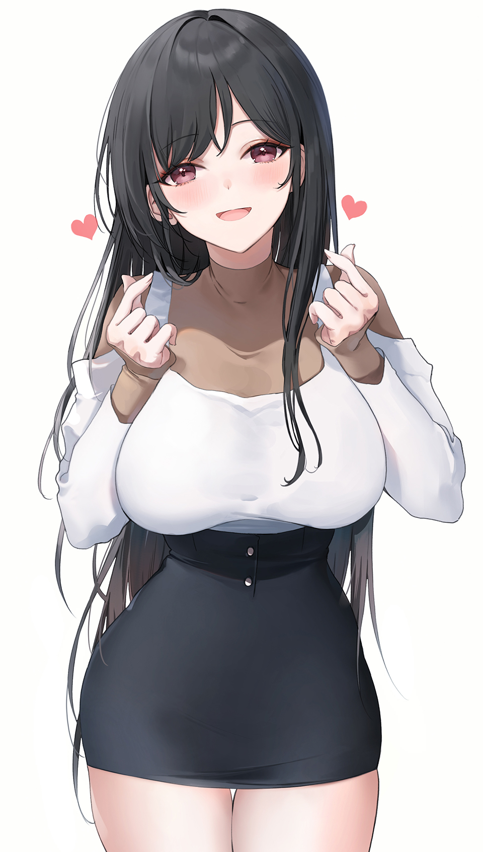 :d bangs black_hair black_skirt blush breasts brown_eyes e_myo eyebrows_visible_through_hair female female hands_up heart high_resolution large_breasts long_hair long_sleeves looking_at_viewer open-mouth_smile open_mouth original pencil_skirt shirt simple_background skirt sleeves_past_wrists smile solo standing tagme thigh_gap very_long_hair white_background white_shirt yumaomi