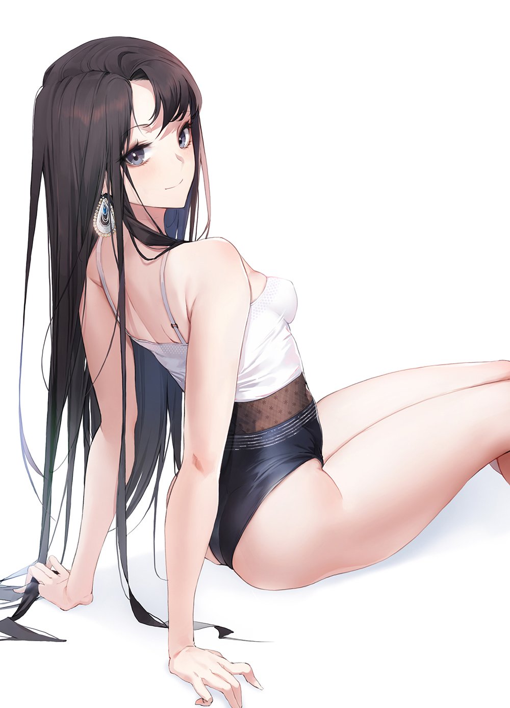 arm support, ass, bangs, bare arms, bare shoulders, black eyes, black hair, black panties, black underwear, blush, breasts, camisole, closed mouth, earrings, eyebrows visible through hair, female, grey eyes, hair between eyes, high resolution, in profile, jewelry, legs, long hair, long legs, looking at viewer, looking to the side, one-piece swimsuit, original, pantsu, shirt, sidelocks, simple background, sitting, skindentation, sleeveless, sleeveless shirt, small breasts, smile, solo, swimsuit, tagme, underwear, very long hair, white background, white shirt, yumaomi